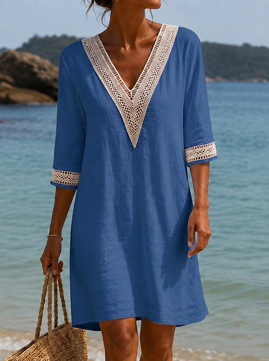 Women's Knee Length Dress Lace Dress White Dress Summer Dress Elegant Fashion Daily Beach Vacation Regular Fit Plain Half Sleeve V Neck Blue Khaki White Orange Summer Spring 2026 - $22.99 –P4
