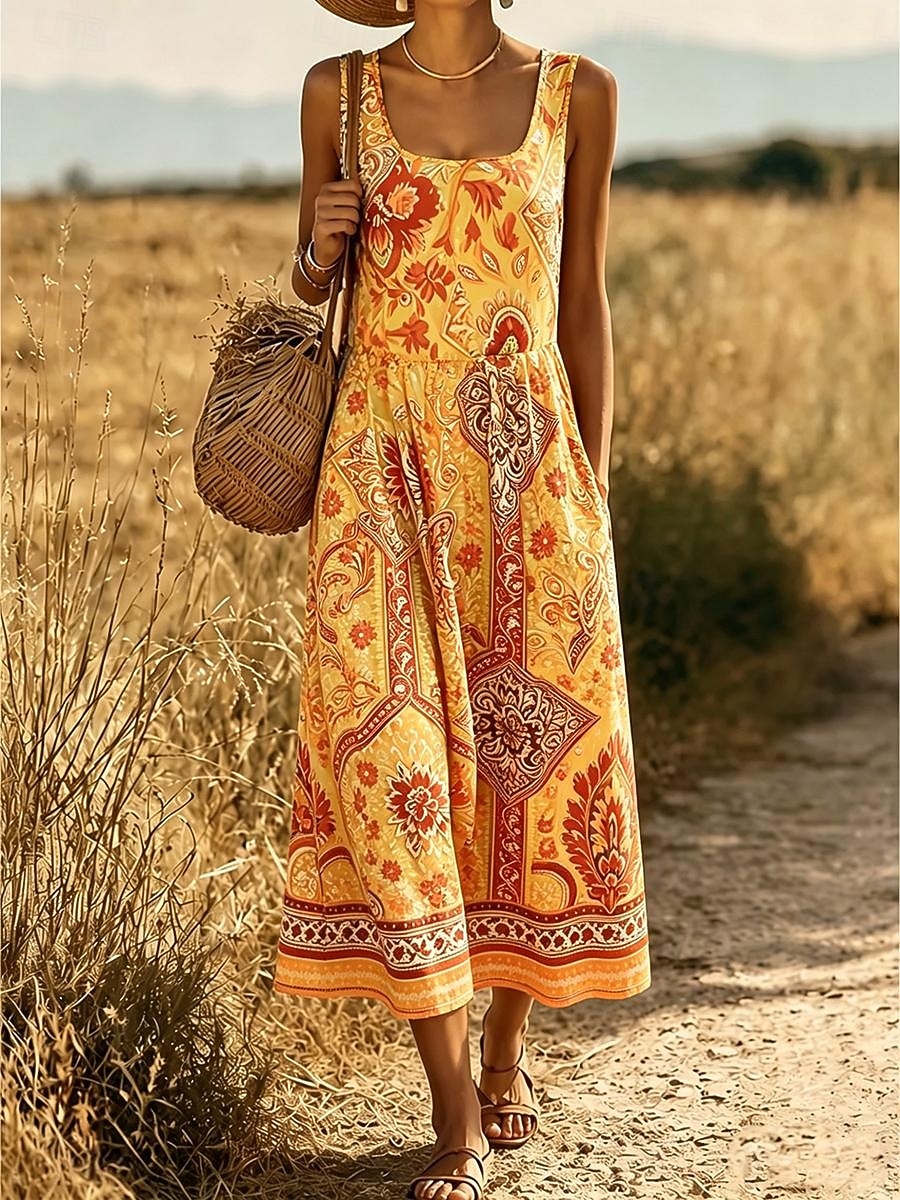 Femmes Robe Midi Robe d'Été Robe trapèze Robe à épaules dénudées Vacances Occasionnel Boho Plage Date Coupe régulière Graphique Paisley Tribal Sans manches Col en U Bleu Chameau Orange Vert Ét de 2026 ? $33.99 –P4