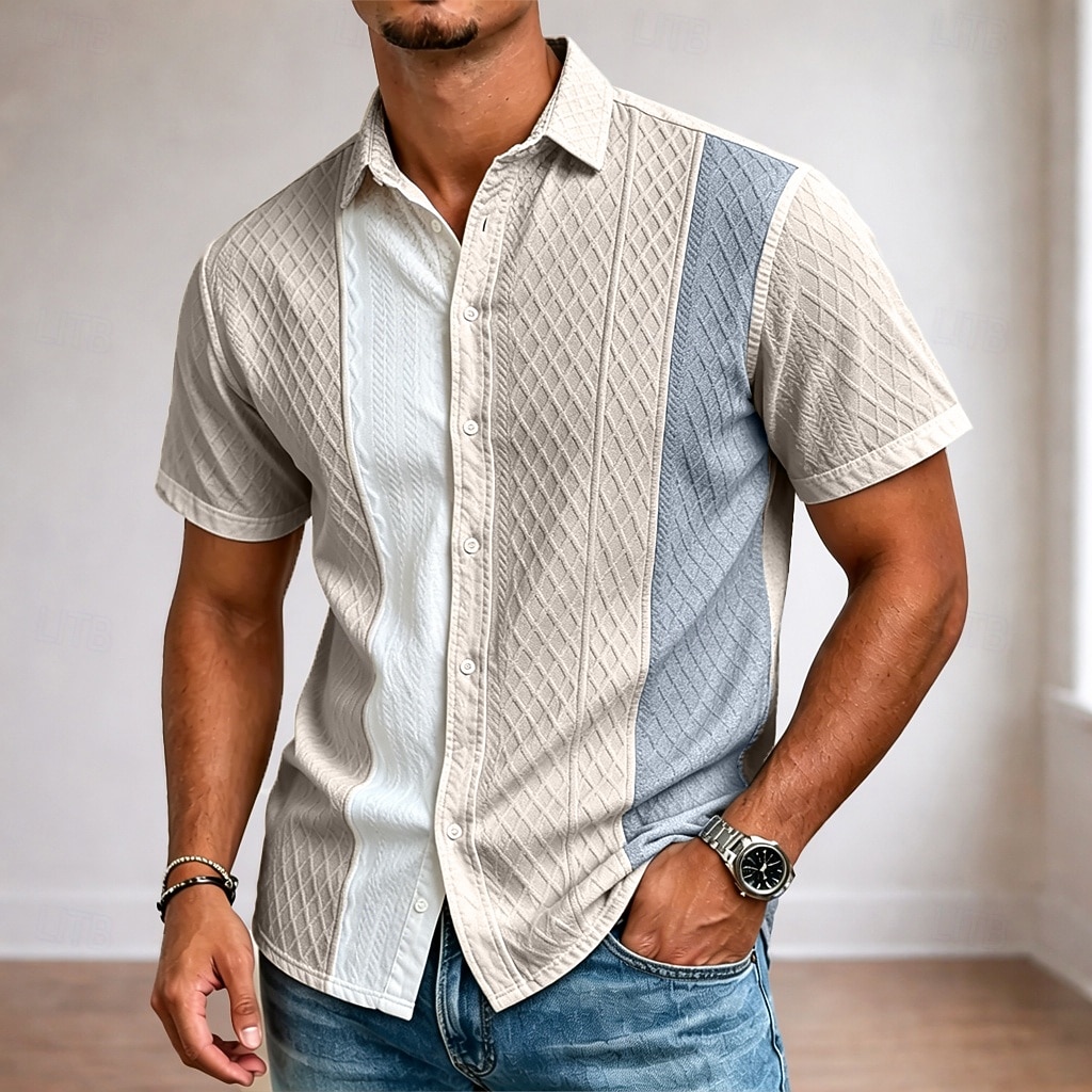 Men's Shirt Casual Shirt Button Up Shirt Jacquard Shirt Blue Pink Navy Blue Apricot Short Sleeve Plain Shirt Collar Casual Daily Patchwork Clothing Apparel Elegant Fashion Casual 2026 - $27.99 –P1
