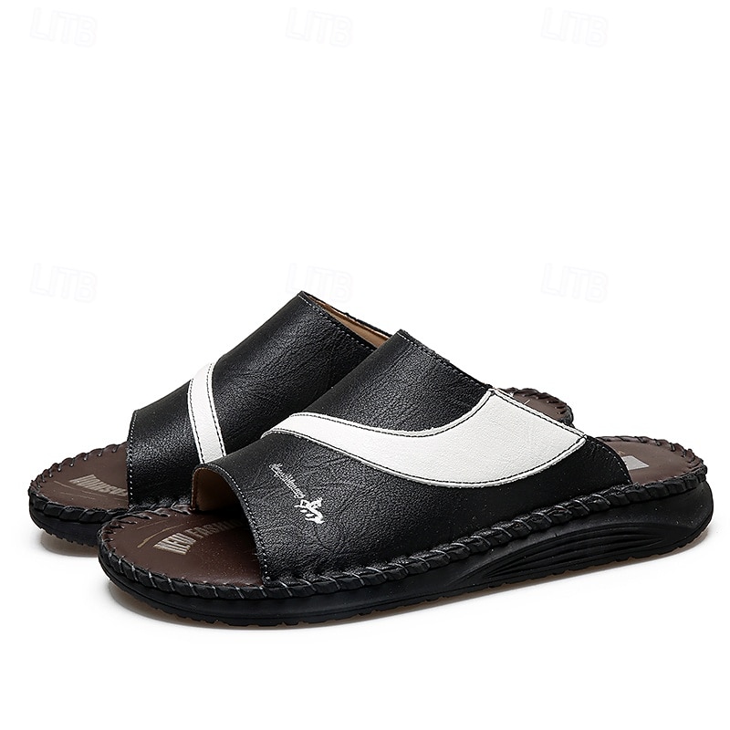 Sandálias masculinas bicolor pretas e brancas, modelo slide, com bico aberto, costuradas à mão, confortáveis e casuais para o verão, ideais para uso diário, férias, em casa e momentos de lazer ao ar livre. de 2026 por $34.99 –P4