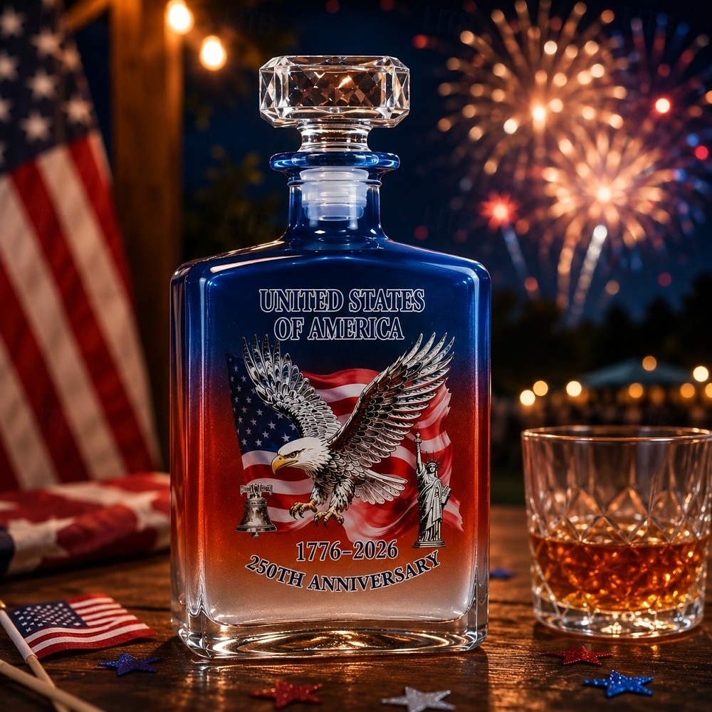 USA 250. évfordulós whiskysüveg &pohárkészlet, hazafias amerikai dekantáló ajándékkészlet sas zászló mintával, 1776-2026 limitált kiadású bourbon skót likőrös üveg és whiskyspohár férfiaknak, apa 2026 - $32.99 –P7