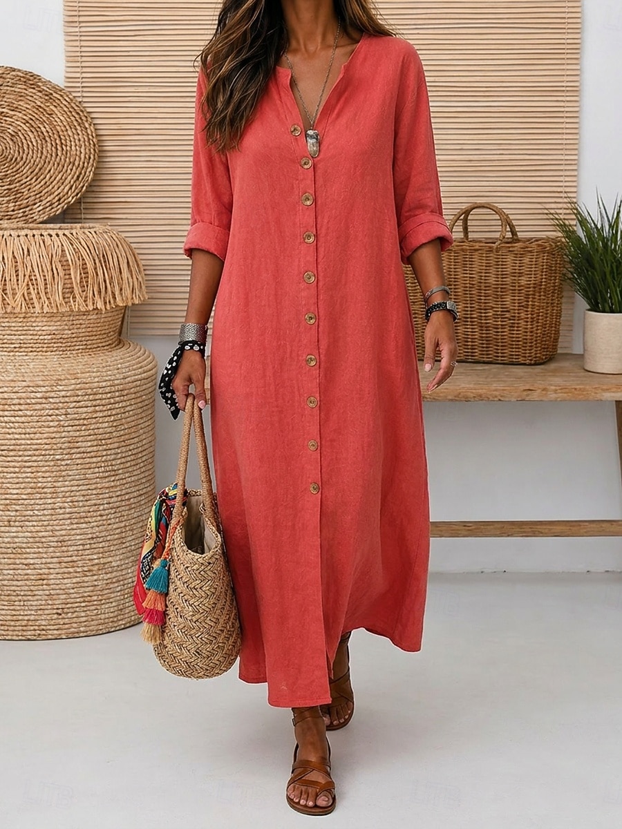 Dames Maxi-jurk Linnen jurken Vintage Dagelijks Ruim Passend Heldere kleur Lange mouw V-hals Rood Zomer 2026 - $15.99 –P6