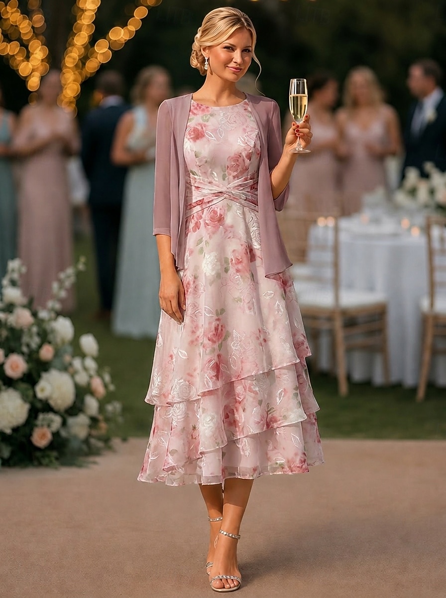 Tweedelig A-lijn Tot de enkel Bruiloft gast jurk Ruimvallend Moeder van de bruid jurk 3/4 mouw Ronde hals Elegant Eenvoudig Casual Formeel Bruiloft gast Feestdagen Chiffon Wrap inbegrepen met 2026 - $159.99 –P5
