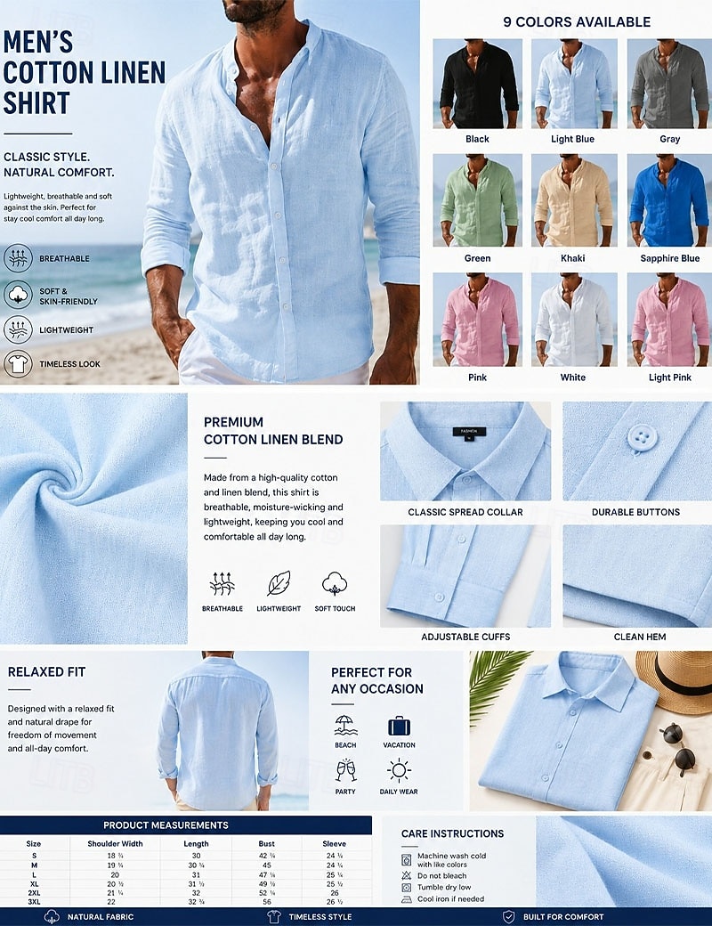 Men's Shirt Linen Shirt Summer Shirt Beach Wear Button Up Shirt Plain Vacation Casual Blue Black White Pink Long Sleeve Turndown Spring & Summer Clothing Apparel 2026 - $25.12 –P1