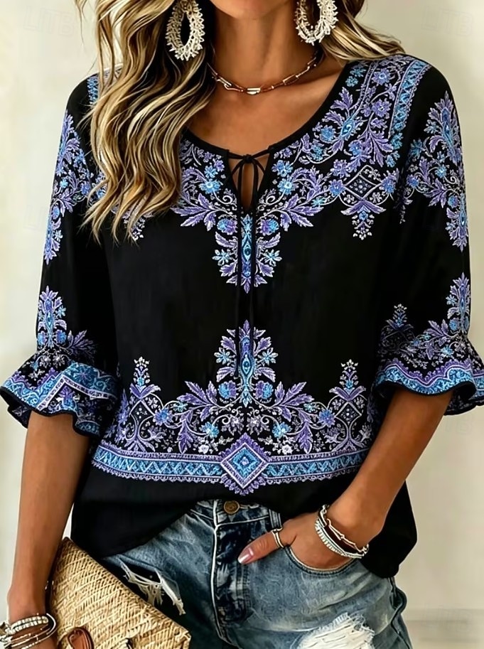 Per donna Camicia Grafico Geometrico Paisley Bohemien Vacanza Vintage Manica Lunga Scollo a V Top Regolari Casuale Quotidiano Ferie Nero Beige Estate Primavera del 2026 a $26.99 –P2