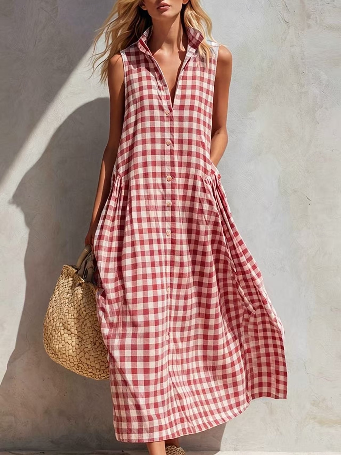Per donna Abito maxi Abito Boho Vintage Vacanza Vestibilità comoda Plaid Senza Maniche Colletto a Camicia Blu chiaro Giallo Verde chiaro Rosso Estate del 2026 a $26.99 –P3