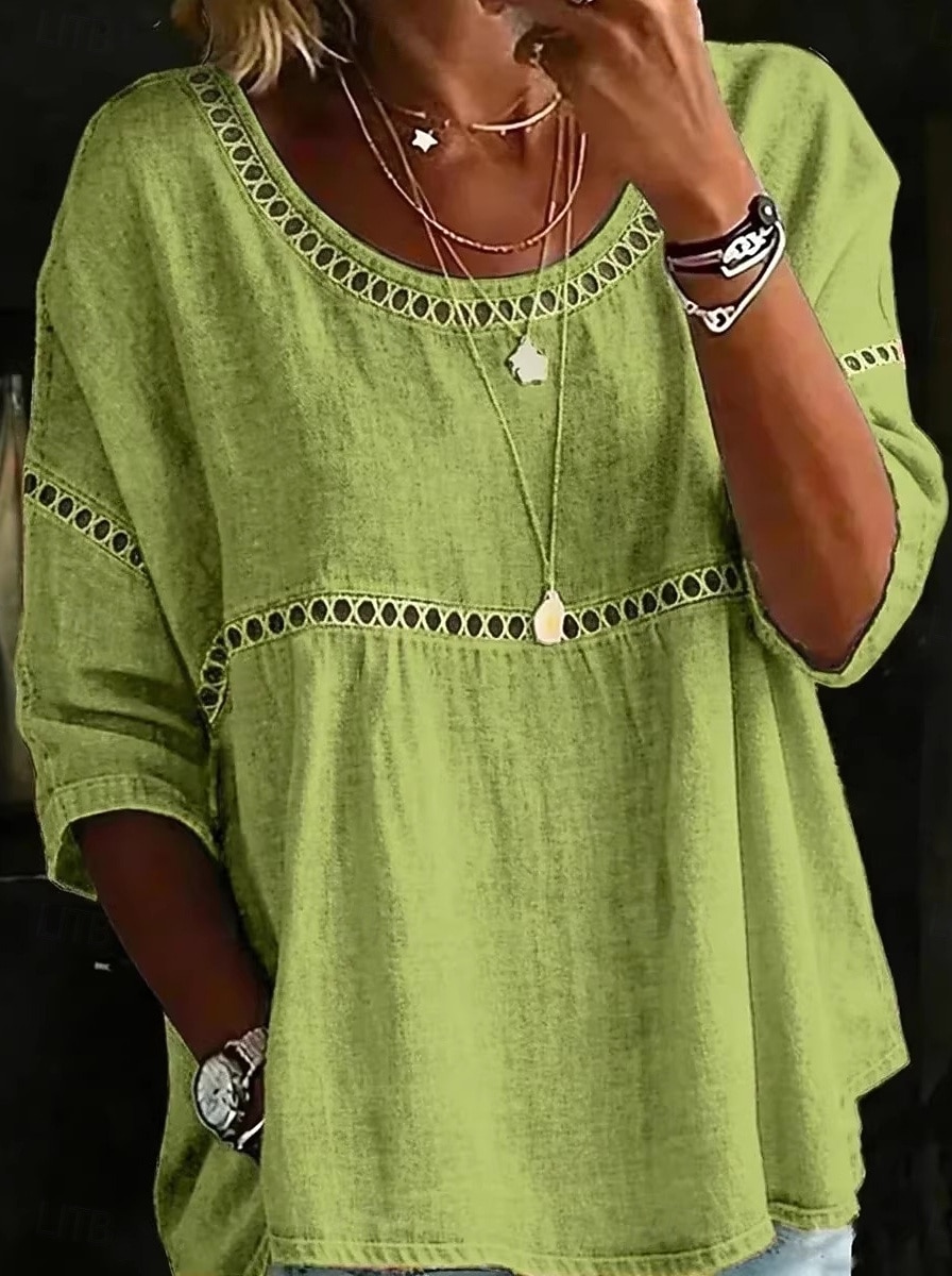 Mulheres Blusa Algodão T-shirt Vazado Tecido Vintage à moda Moderno Meia Manga Gola Redonda Tops regulares Casual Diário Verão Azul Branco Rosa Azul Céu Verde Verão Primavera de 2026 por $14.49 –P2