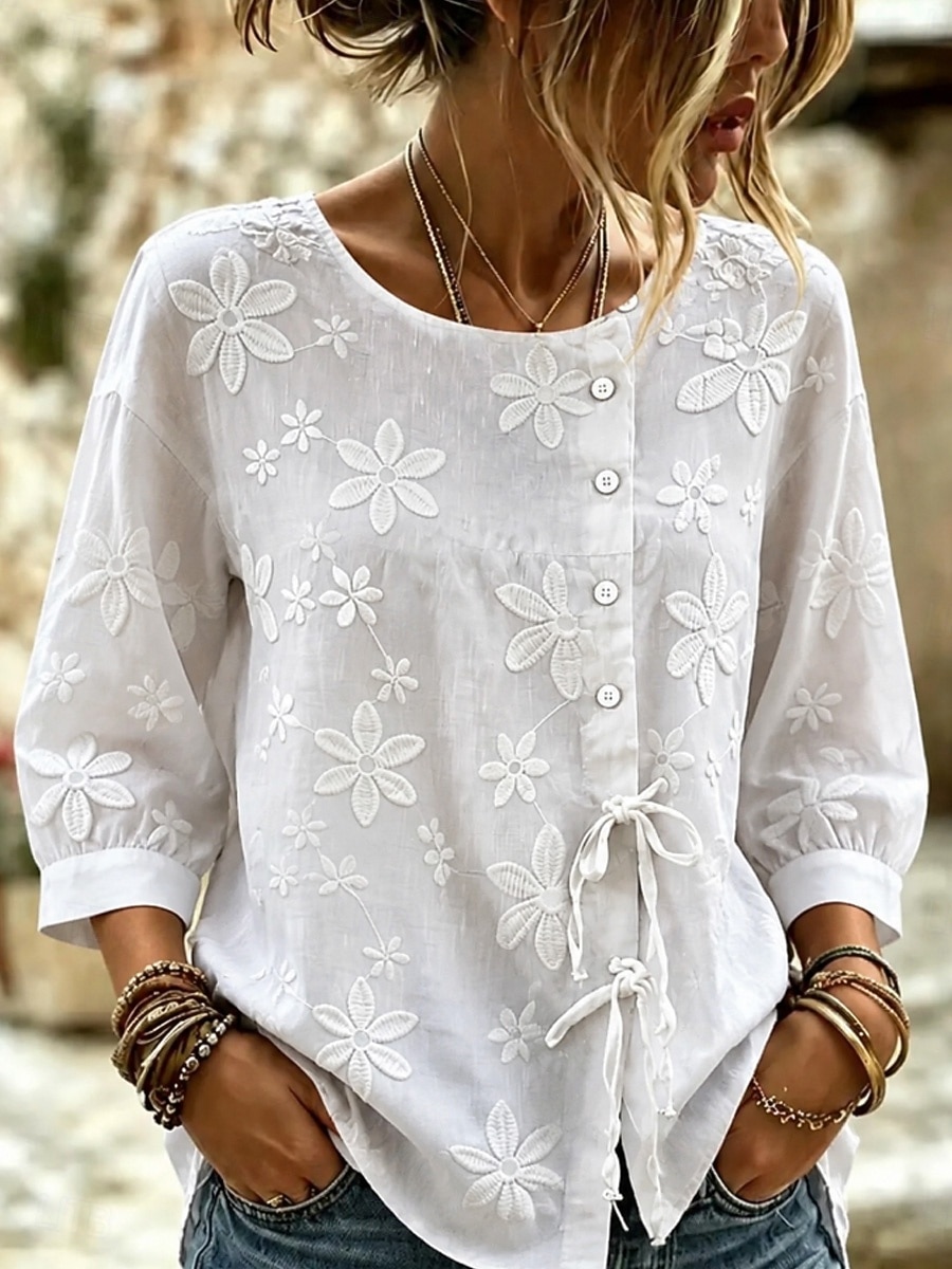 New Year Women's Blouse Lace Solid Color Floral Graphic Vintage Daily Stylish Short Sleeve Crew Neck Long Tops Casual Daily White Summer Spring 2026 - $26.99 –P2