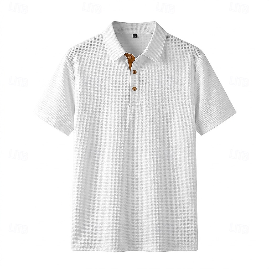 Hombre Polo de seda helada seersucker Con Texturas Casual Trabajo Diseño Manga Corta Básico Moderno Plano Jacquard Botones Primavera verano Azul Piscina Negro Blanco Azul cielo Gris Polo de seda 2026 - $22.99 –P1