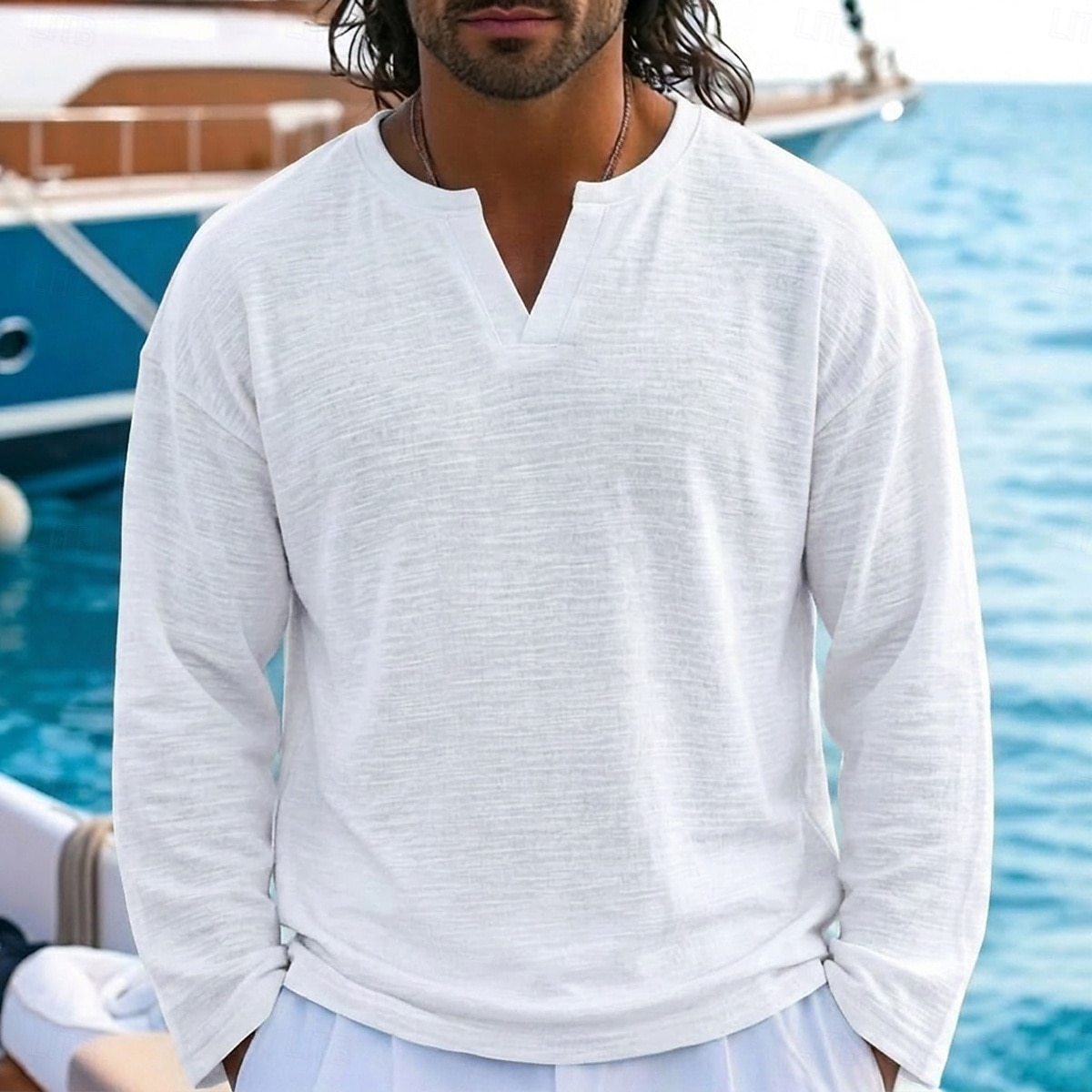 2026年 男性用 リネンTシャツ 長袖 Ｖネック ノッチ 春夏 夏 春 純色 平織り ヴィンテージ ボヘミアンスタイル カジュアル シースルー スリット カジュアル バケーション ストリート ブラック ホワイト ライトグリーン メンズトップTシャツ  コレクション – $20.99 –P10