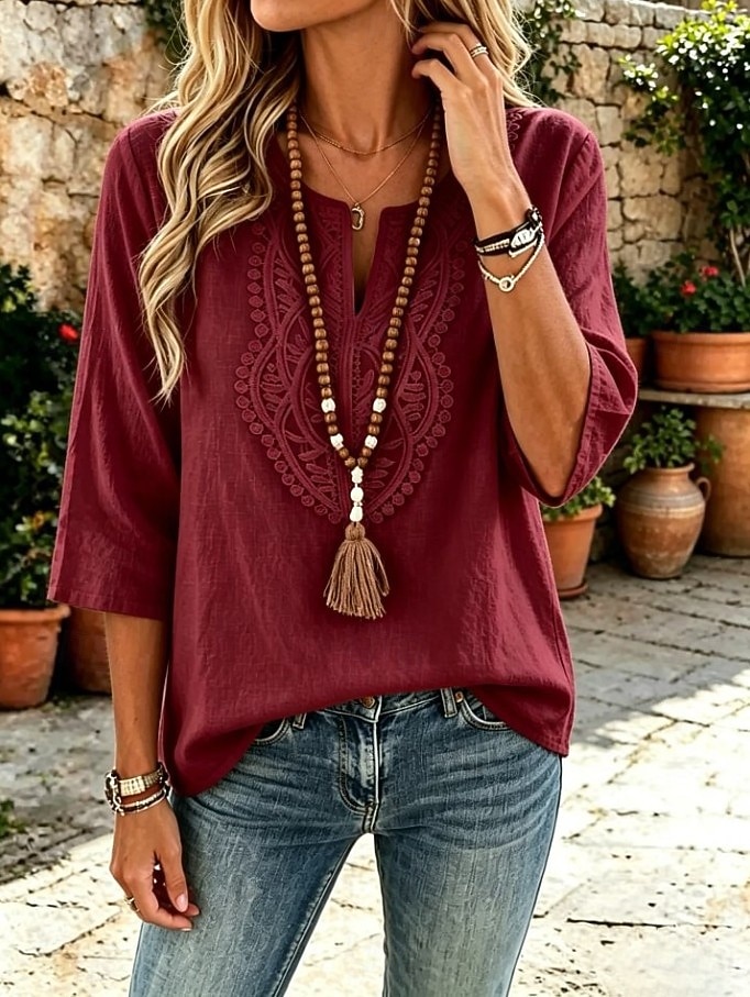 Damen Hemd Boho-Hemd Spitzenbluse Elegant Bohemien Urlaub Dreiviertelarm Lange Oberteile Lässig Täglich Ferien Blau Weiß Khaki Rosa Rote Sommer Frühling 2026 - $24.99 –P5