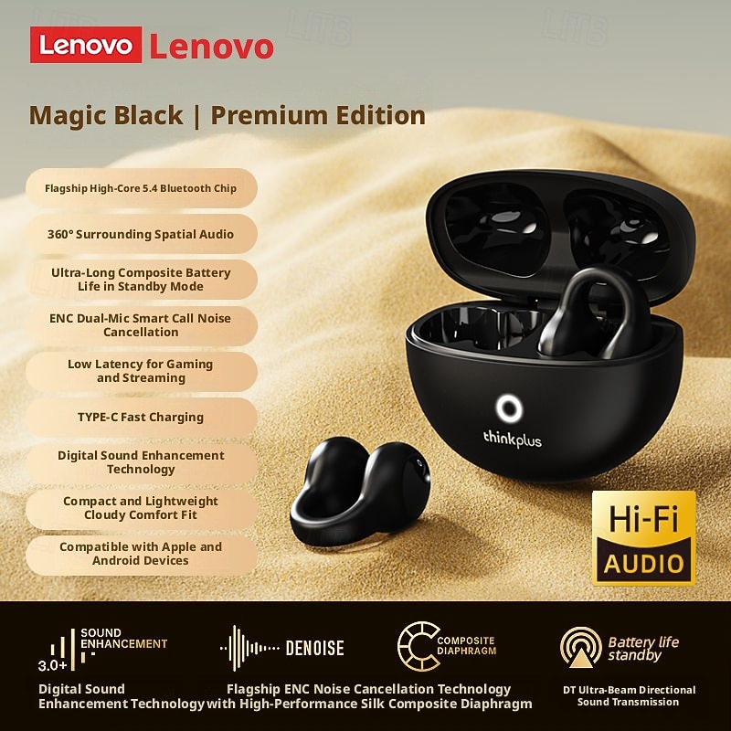 Lenovo ThinkPlus open-ear hoofdtelefoon, Bluetooth 5.4 draadloze clip-on oordopjes met luchtgeleiding, 360° ACS hifi stereo draadloze oordopjes met ENC ruisonderdrukkende microfoon, 24 uur 2026 - $35.99 –P11
