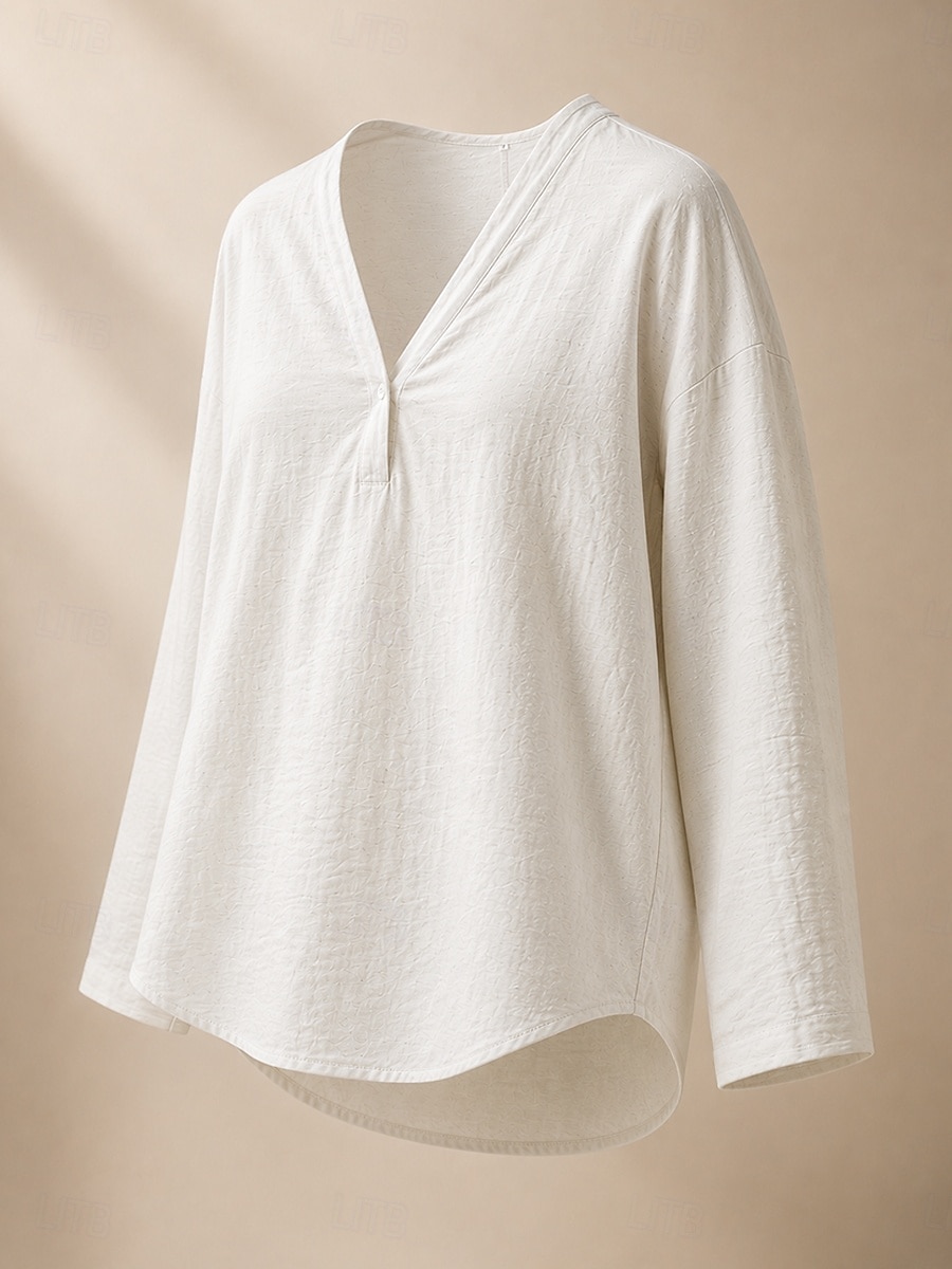 Women's Shirt Linen Shirts Blouse Solid Color Vintage Stylish Modern Long Sleeve V Neck Regular Tops Daily Holiday Going out White Pink Sky Blue Spring Fall 2026 - $25.99 –P1
