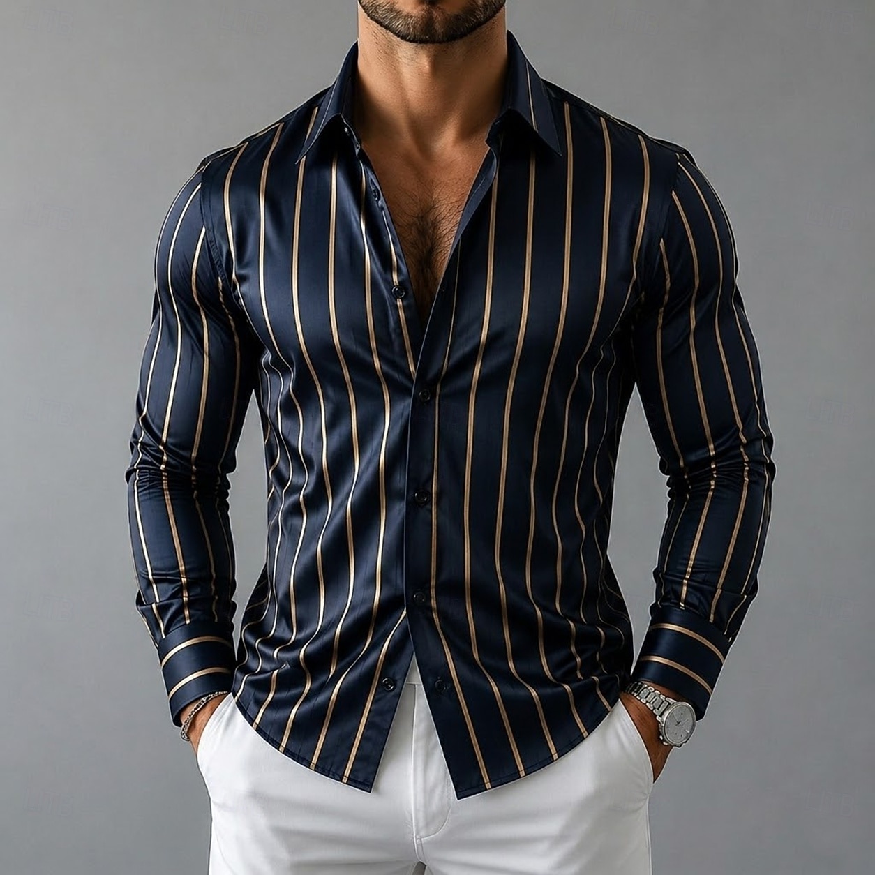 Hombre Camisa Camisa de raso Camisa para Vestido Abotonar la camisa camisa de baile Tiras verticales Boda Formal Negro Azul Verde Trébol Manga Larga Cuello Vuelto Todas las Temporadas Ropa 2026 - $33.99 –P2