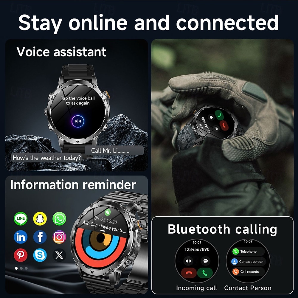 AK102 Smartklokke 1.7 tommers Bluetooth-anrops-smartklokke Skritteller Samtalepåminnelse Fitnessporing Kompatibel med Android iOS Herre GPS Lang ventetid Håndfri bruk IP68 50mm urkasse 2026 - $84.99 –P15