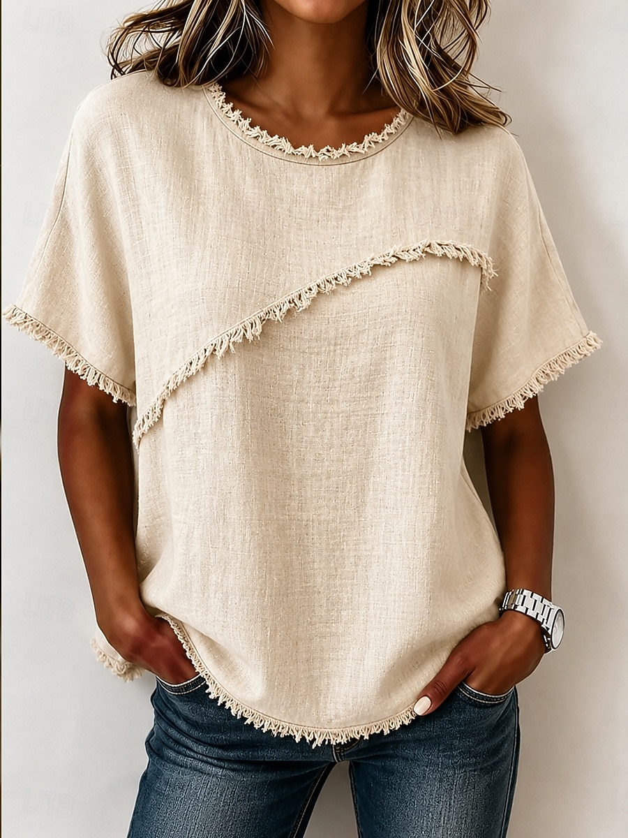 Women's T Shirt Tee Top Ruffle Plain Fashion Stylish Classic Short Sleeve Crew Neck Regular Tops Casual Daily Going out White Purple Green Khaki Apricot Summer Spring 2026 - $25.99 –P3