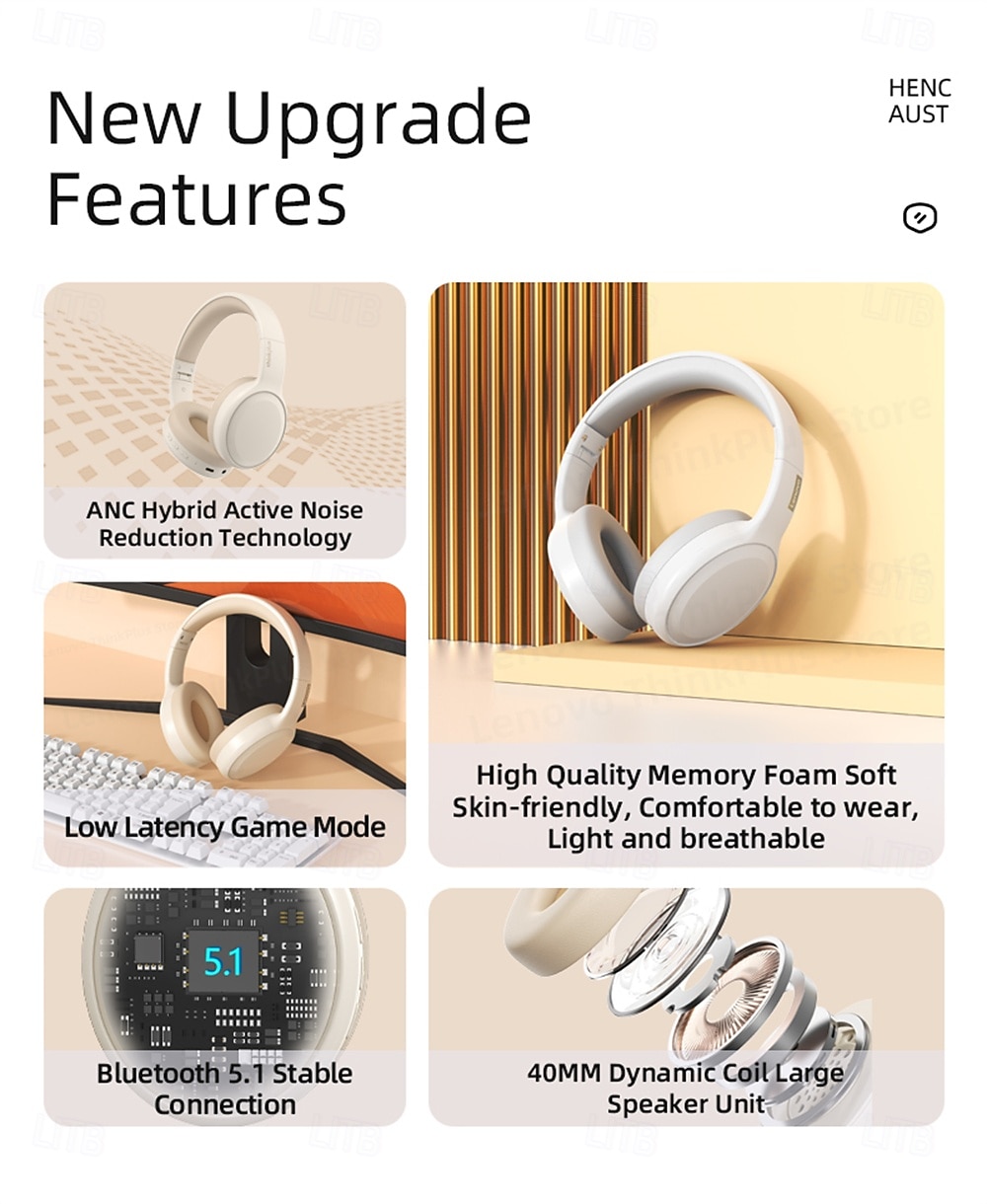 Lenovo Noise Cancelling Headphones Over Ear, Hi-Fi Stereo Wireless Bluetooth Headset, Foldable & Comfortable Design with Built-in Mic for Travel, Home Office, PC, Smartphone 2026 - $28.99 –P10
