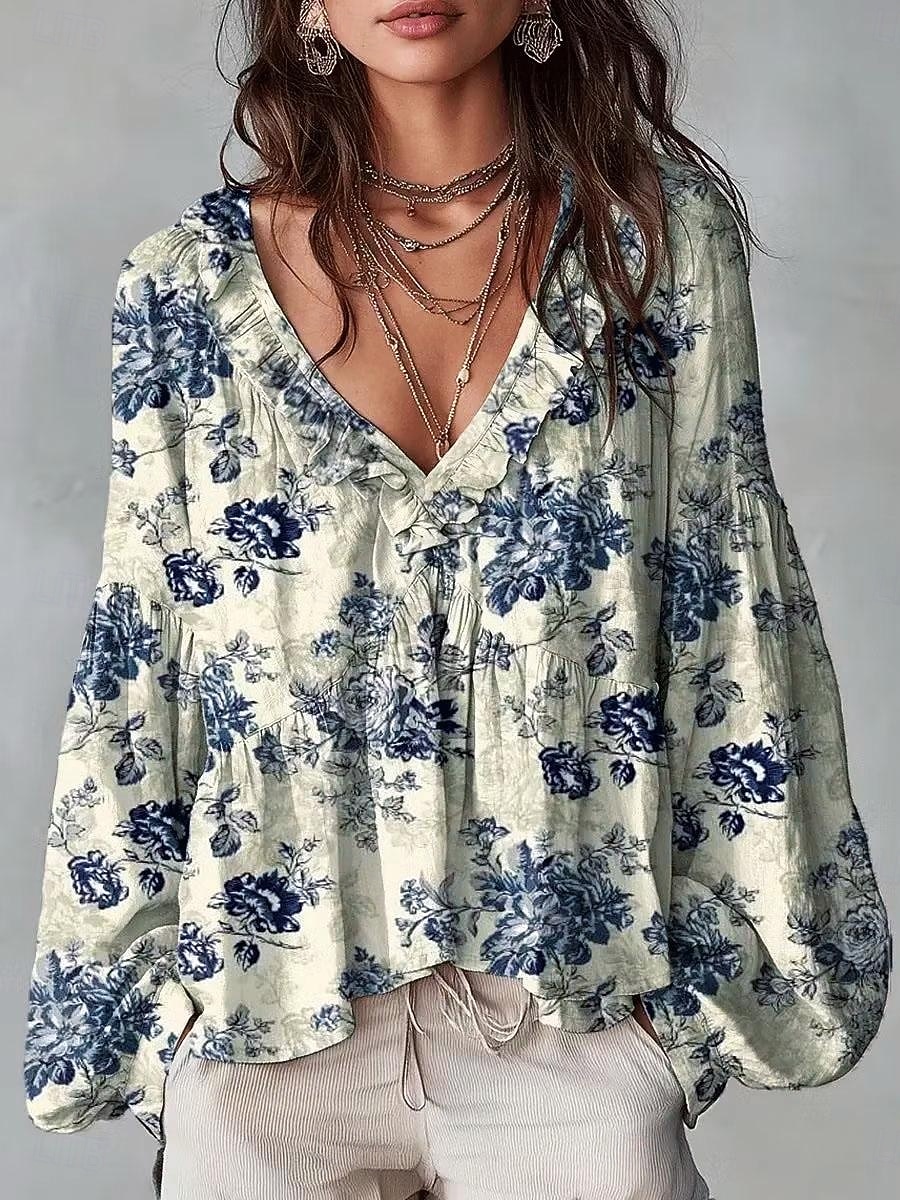 Dame Skjorte Tunika Drapering Nyanse Blomstret Grafisk Elegant Bohem Ferie Langermet V-hals Vanlige topper Avslappet Daglig Hvit Gul Rød Grønn Sommer Vår 2026 - $37.99 –P1