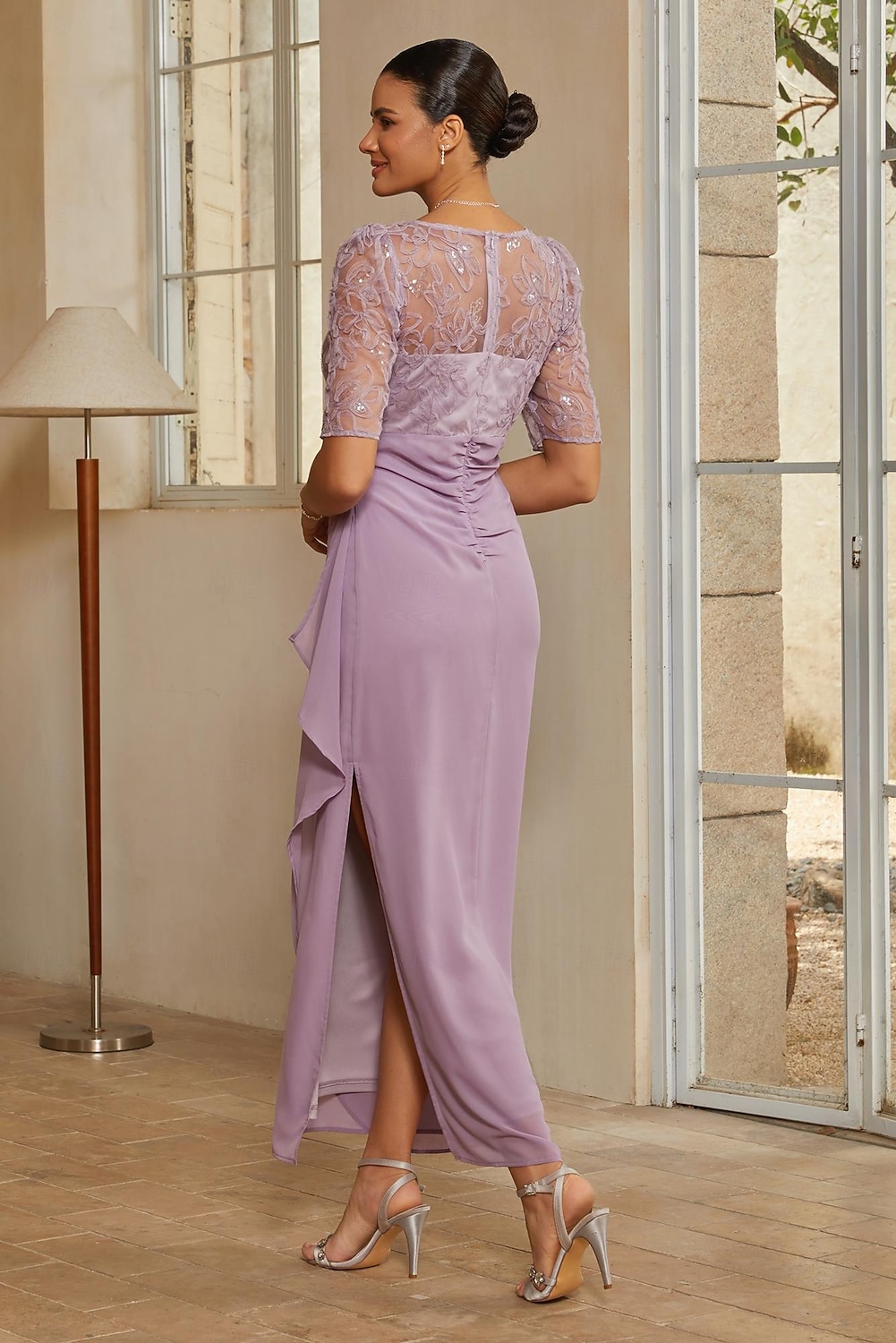Women's Sheath Column Cocktail Dress Wedding Guest Dress Ankle Length V Neck Half Sleeve Illusion Sleeve Elegant Mother Of The Bride Semi Formal with Chiffon 3D Floral Mesh Slit Side Draping Lavender 2026 - $119.99 –P3