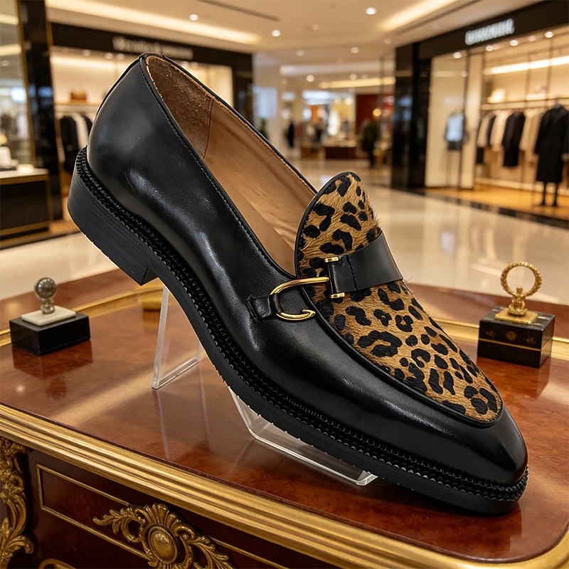Męskie mokasyny z nadrukiem w panterkę, wsuwane buty wizytowe, modne buty na wesele, do klubu, na wieczorne imprezy 2026 - $109.99 –P5
