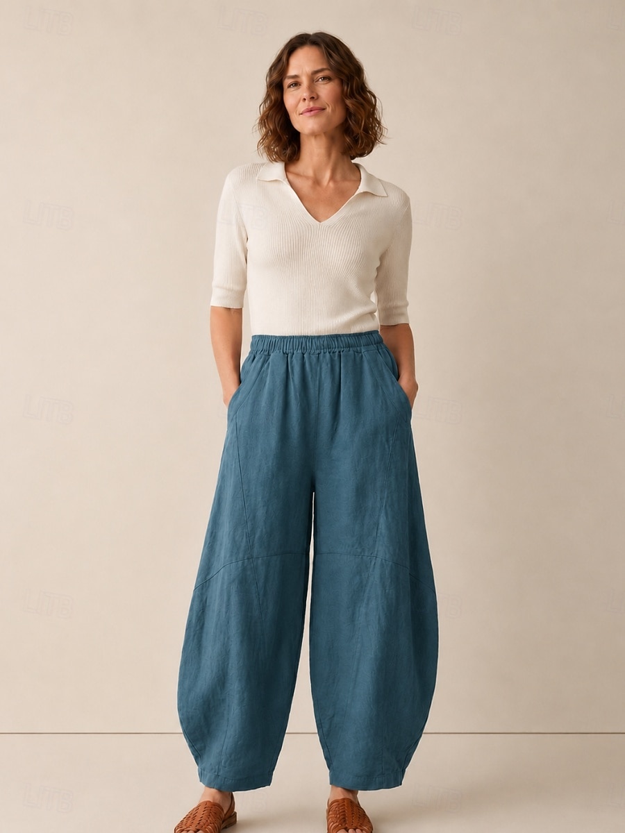 Pantalones bombachos de lino para mujer, cintura media, largo completo, bolsillo, cintura elástica, vacaciones, azul arroz 2026 - $49.99 –P16