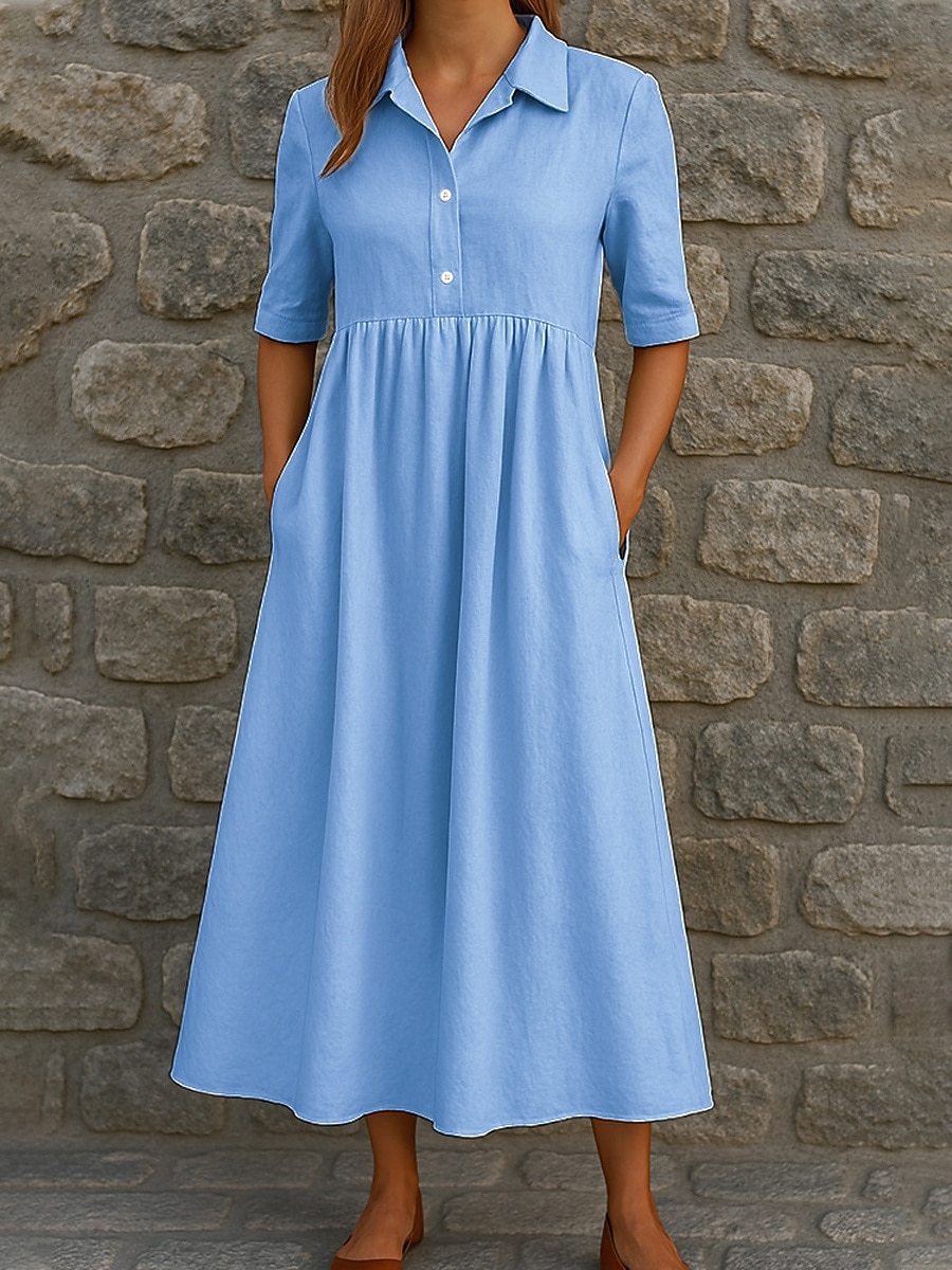 Mujer Vestido Midi Vestido informal Vestido de una línea Vestido de verano Básico Clásico Diario Vacaciones Ajuste regular Plano Media Manga Cuello Camisero Blanco Azul cielo Naranja Verde Trébol 2026 - $28.99 –P2
