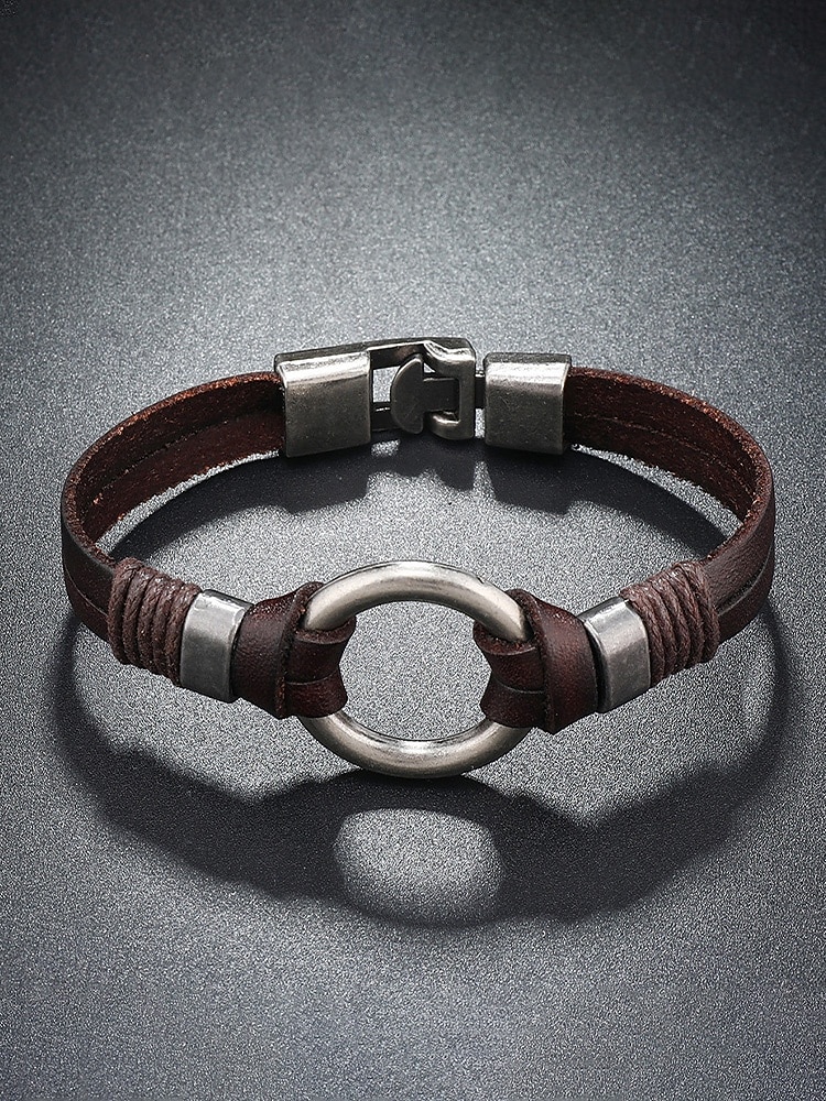 Herrearmbånd i ekte skinn i svart brunt, vintage minimalistisk legeringsringarmbånd for menn, uformelt retro armbåndssmykke til daglig bruk, reise og gave 2026 - $7.99 –P6