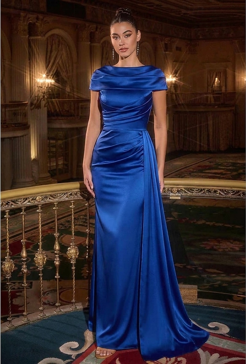 Sheath Column Floor Length Evening Gown Elegant Empire Waist Evening Half Sleeve Scalloped Neckline Wedding Formal Pocket Satin with Pleats Solid Color 2026 - $148.99 –P1