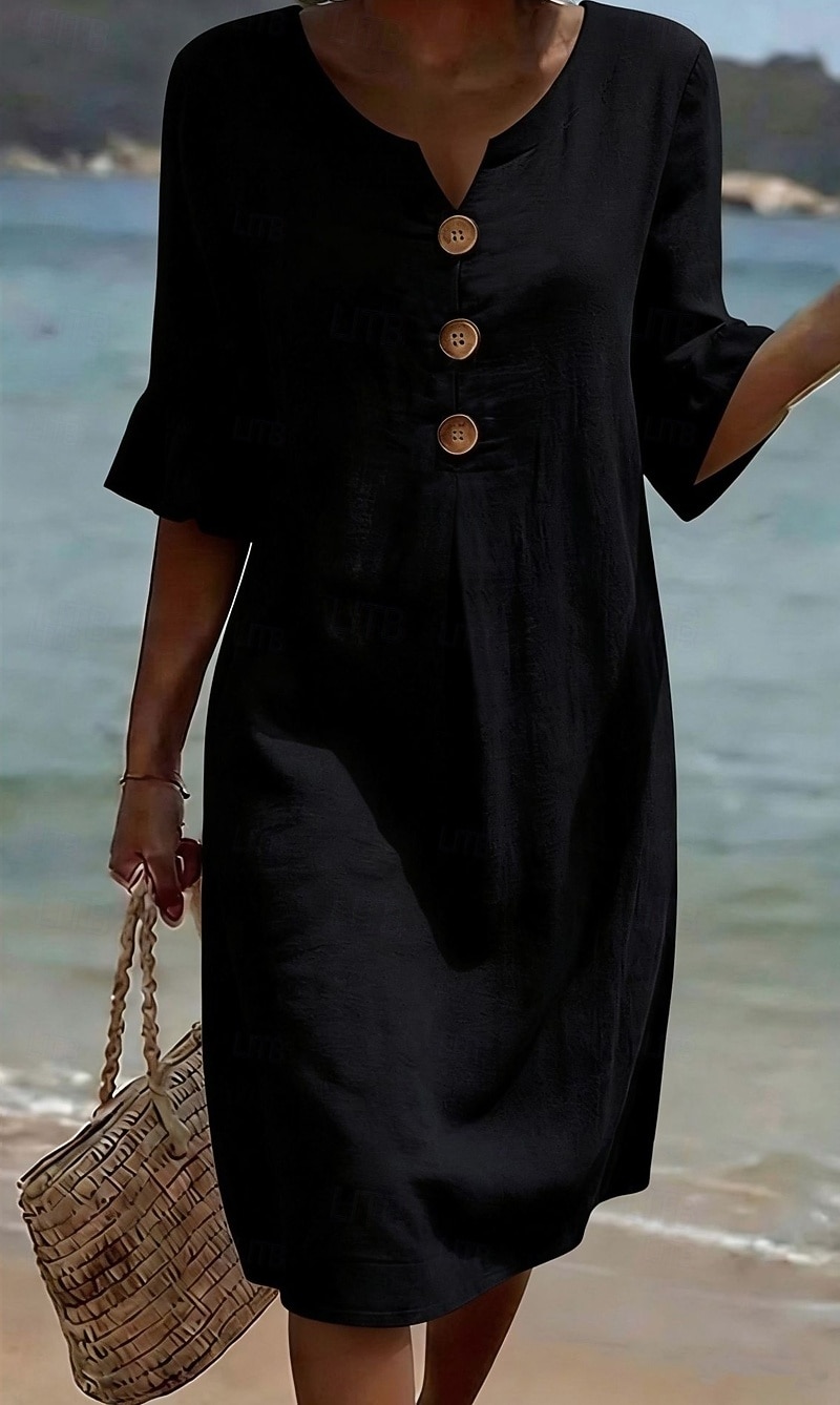 Femmes Robe Midi Robes effet lin Robe fourreau Occasionnel Quotidien Coupe Ample Uni Manche 3/4 Col en V Bleu Noir Blanche Vert Été Printemps Automne de 2026 ? $32.99 –P4
