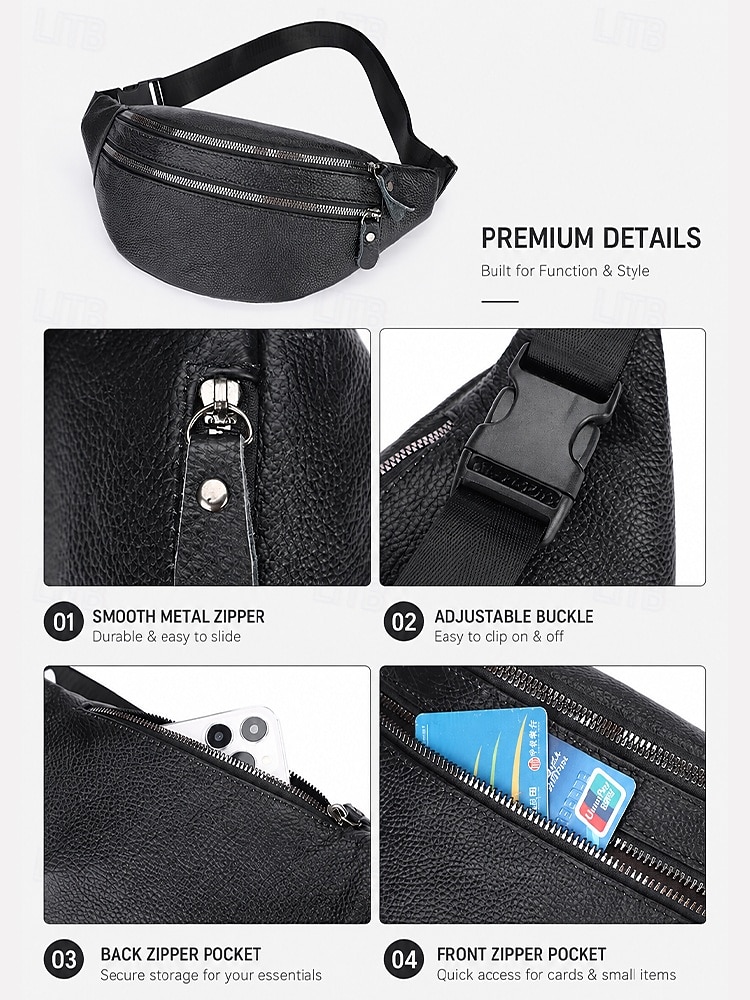 Men's Genuine Leather Waist Bag Chest Bag, Black Coffee Sling Pack, Large Capacity Multi Pocket Crossbody with Adjustable Strap, Wear as Fanny Pack for Travel Daily Use 2026 - $18.99 –P6