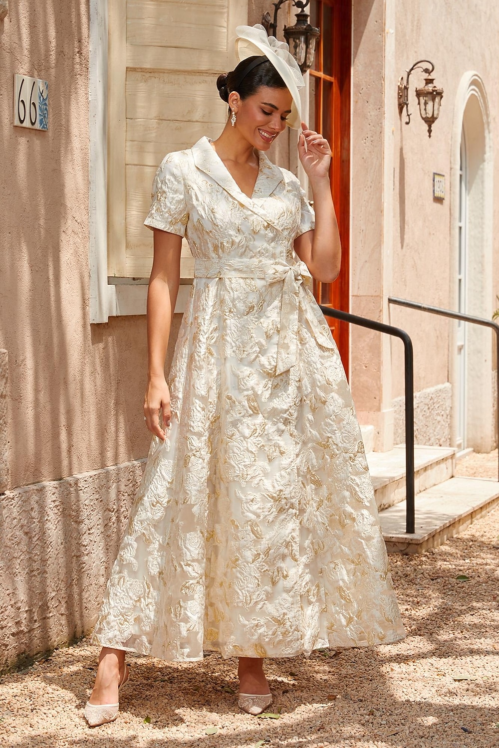 Damen A-Linie Cocktailkleid Kleid für Hochzeitsgäste Knöchellänge Revers Kurzarm Empire-Taille Elegant Vintage Mutter der Braut Formell mit Jacquard Gürtel Blumig Champagner 2026 - $179.99 –P1