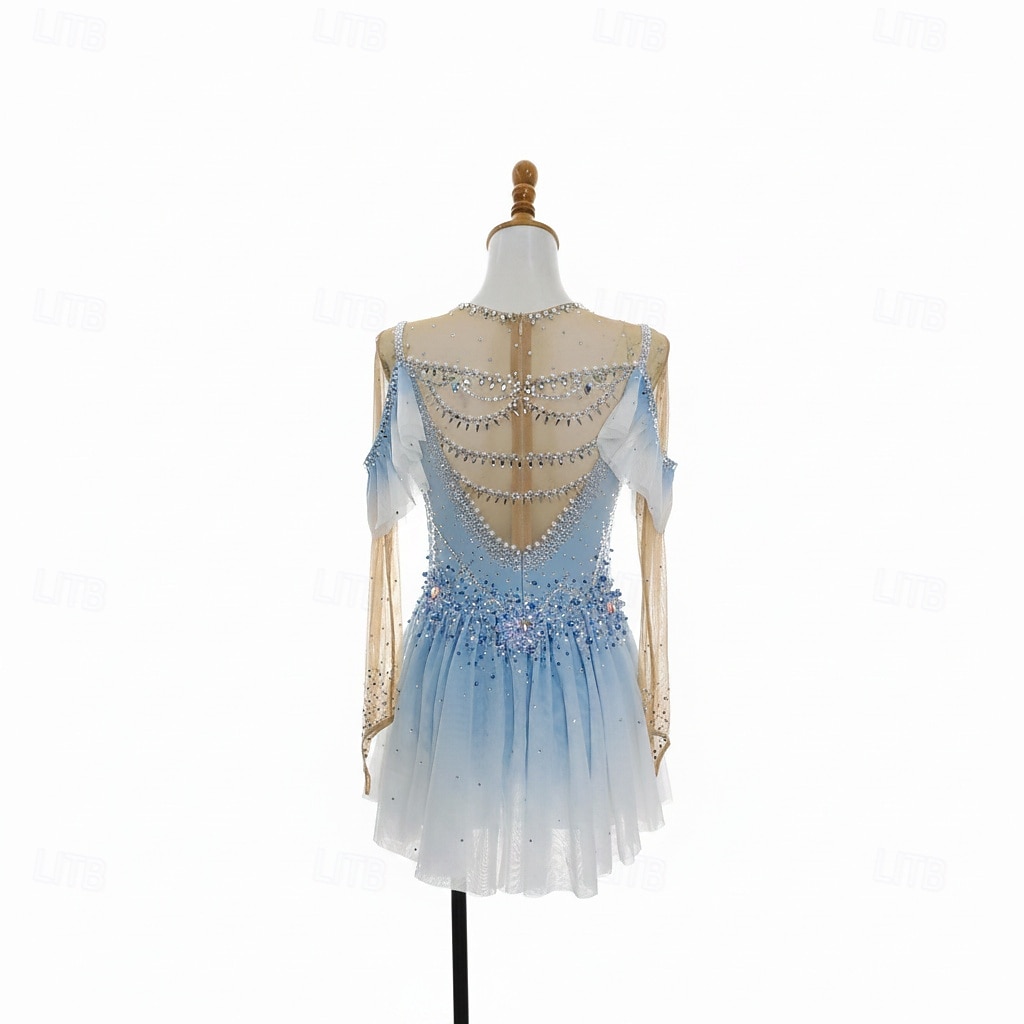 Figure Skating Dress Women's Ice Skating Dress Sky Blue Patchwork Thumbhole Stretchy Training Competition Skating Wear Classic Crystal / Rhinestone Long Sleeve Ice Skating Figure Skating 2026 - $536.99 –P2