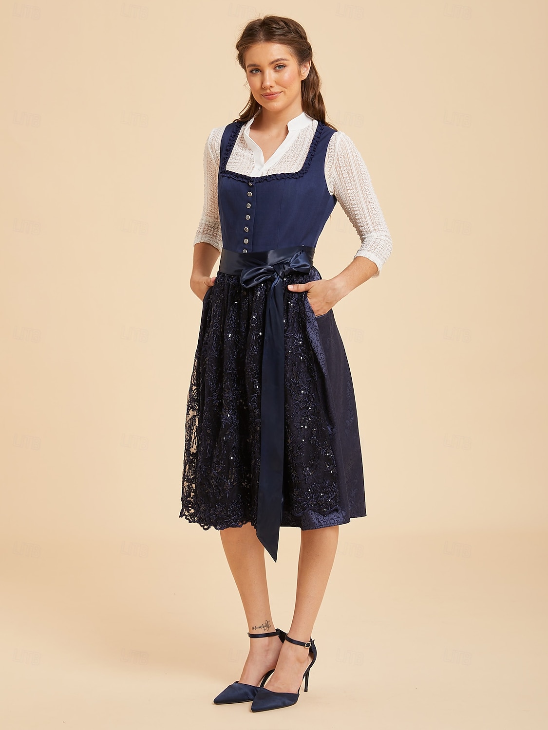 Oktoberfest Dirndl Dress Midi Length Sequins Embroidered with Pockets Balconette Neckline Maid Bavarian German Alpine Wiesn Women's Carnival Beer Festival Traditional Style Cloth Without Blouse (70CM) 2026 - $110.99 –P13