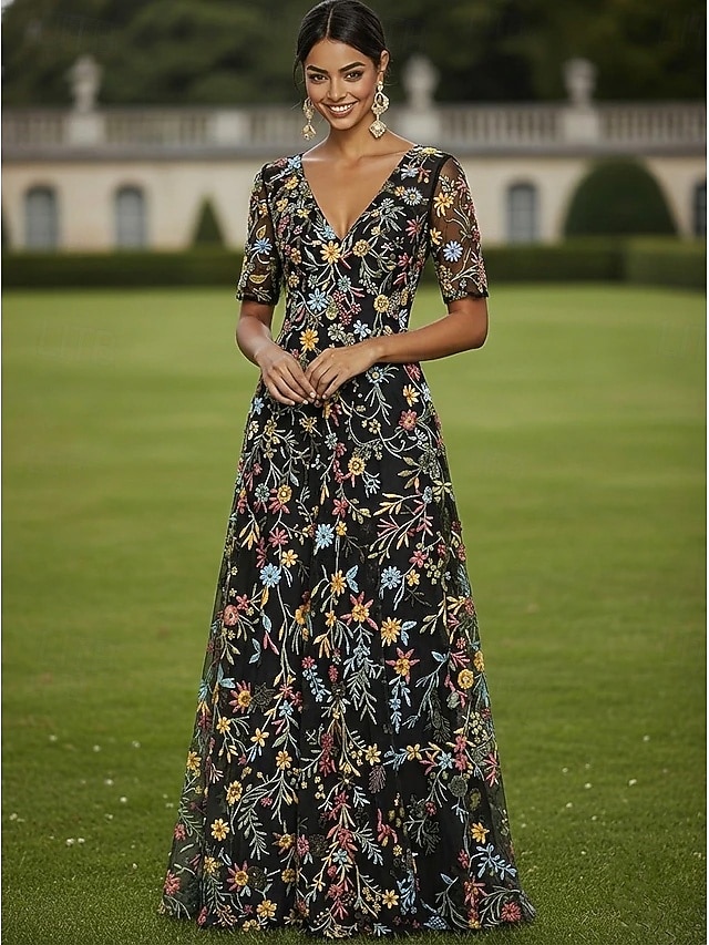 Corte A Vestidos Hasta el Suelo Vestido de Fiesta Vestido Cóctel Vestido de Madrina Media Manga Escote Elegante Vintage Lujoso Formal Invitado a la boda El derby de Kentucky Tul con Estampado flor 2026 - $182.99 –P10