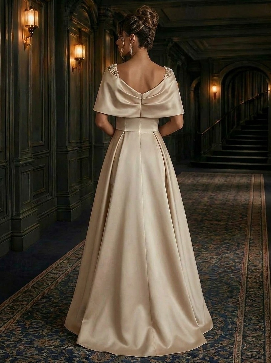 A-Line Asymmetrical Evening Gown Elegant Glittering Mother Of The Bride Short Sleeve Square Neck Wedding Formal Satin Cowl Back with Pleats Crystals Beading 2026 - $148.99 –P2
