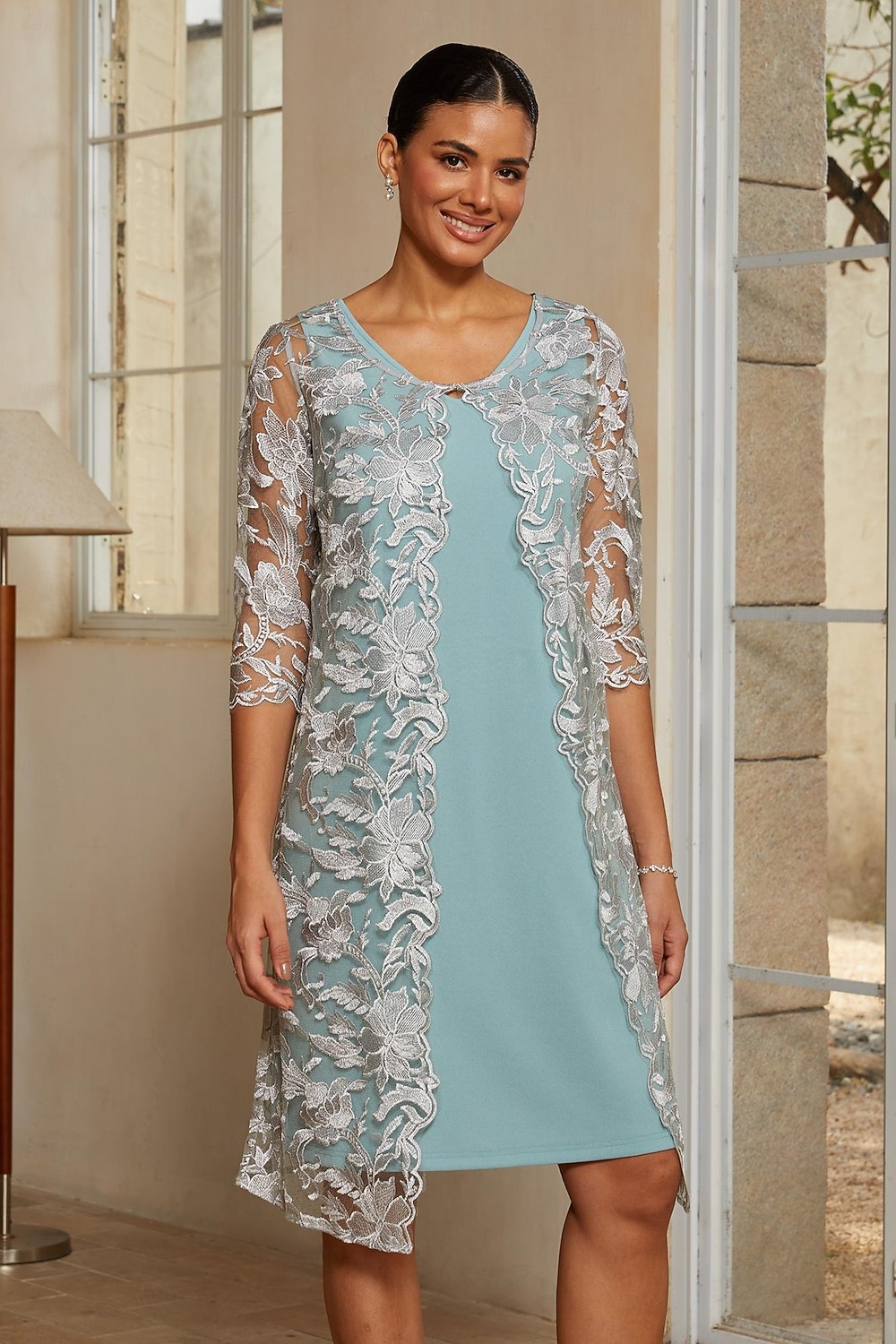 Per donna Completi da abito in due pezzi Tubino Colonna Abito da Cocktail Abito da invitata a nozze Lunghezza al ginocchio Scollo a V Manica 3/4 Manica illusione Elegante con Pizzo Tessuto del 2026 a $119.99 –P1
