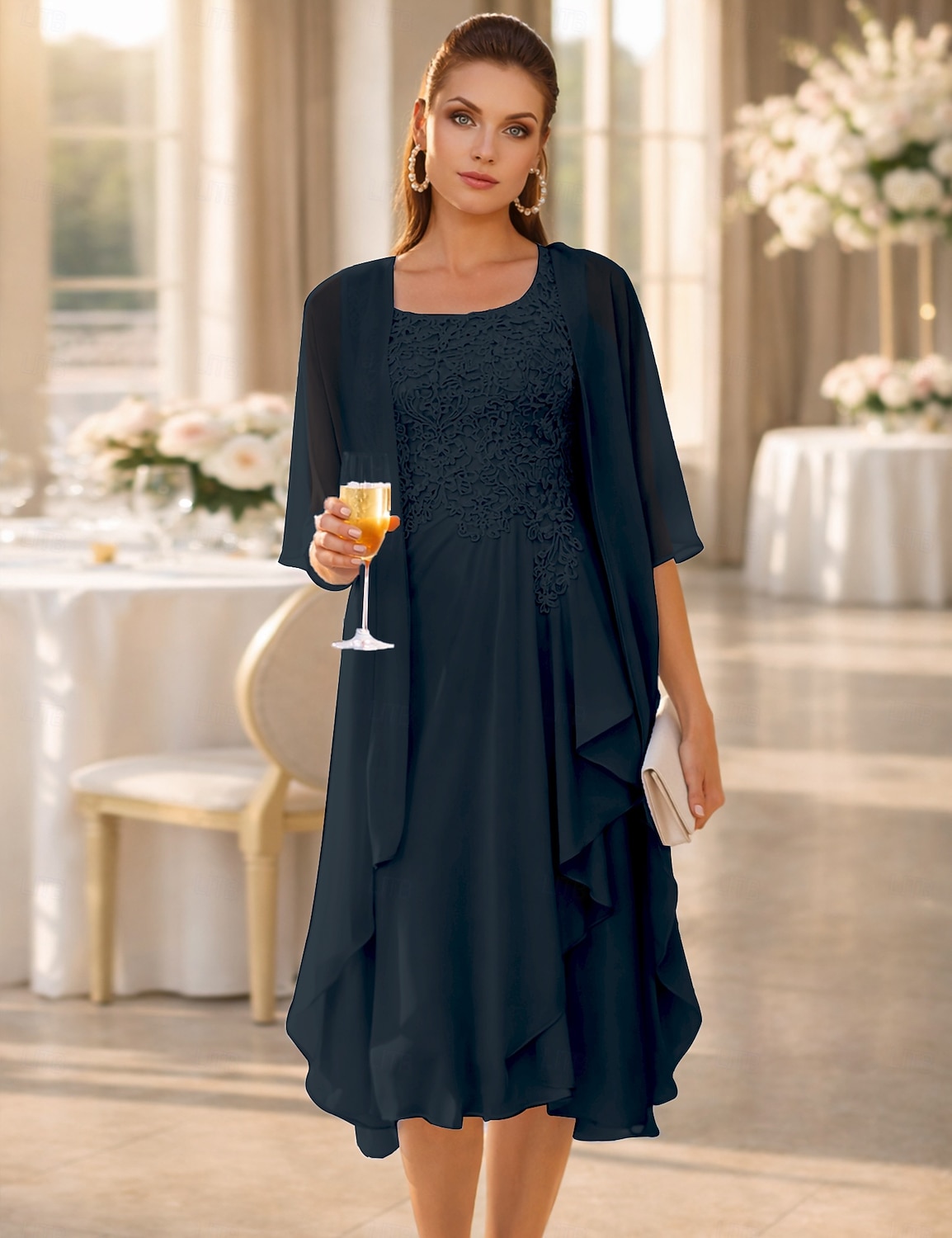Due Pezzi Linea ad A Lunghezza al ginocchio Abito da invitata a nozze Abito da cerimonia per signora Senza Maniche Collo a U Elegante Ospite di nozze Ricevimento di matrimonio Chiffon Pizzo Abiti con del 2026 a $172.99 –P19