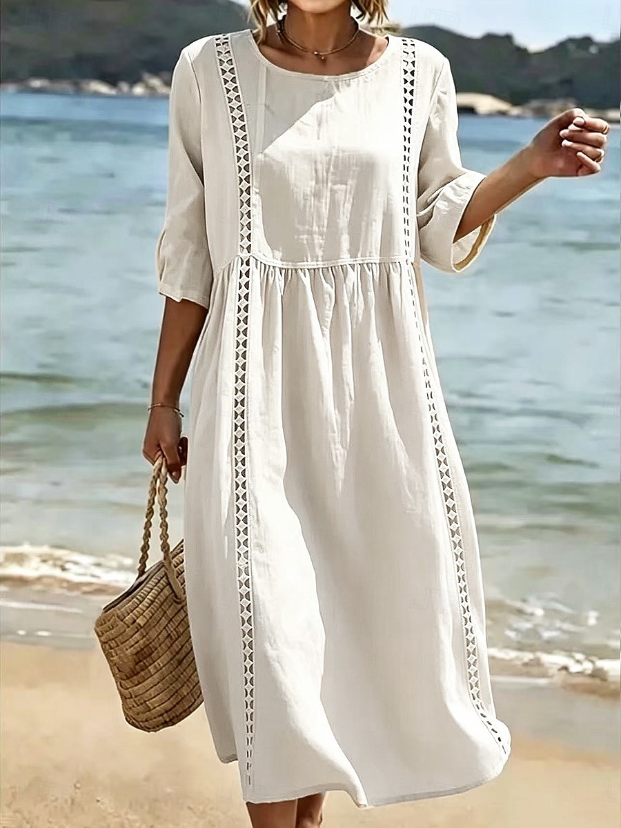Mujer Vestido Midi Vestido de encaje vestido de playa Vestido informal Vestido de verano Básico Clásico Diario Vacaciones Holgado Plano Media Manga Cuello Barco Blanco Amarillo Verde Trébol Verano 2026 - $29.99 –P3
