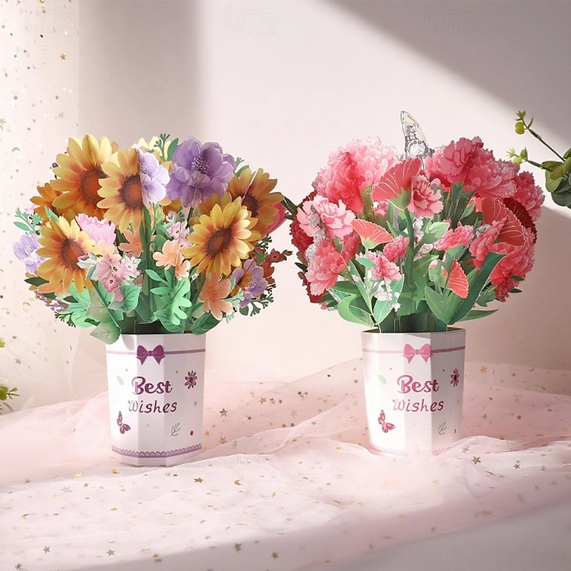 Confezione da 2 biglietti d'auguri 3D a comparsa con bouquet di fiori e girasoli &Garofani di carta in vaso per la festa della mamma, compleanno, anniversario, auguri di pronta guarigione, biglietto del 2026 a $25.99 –P2