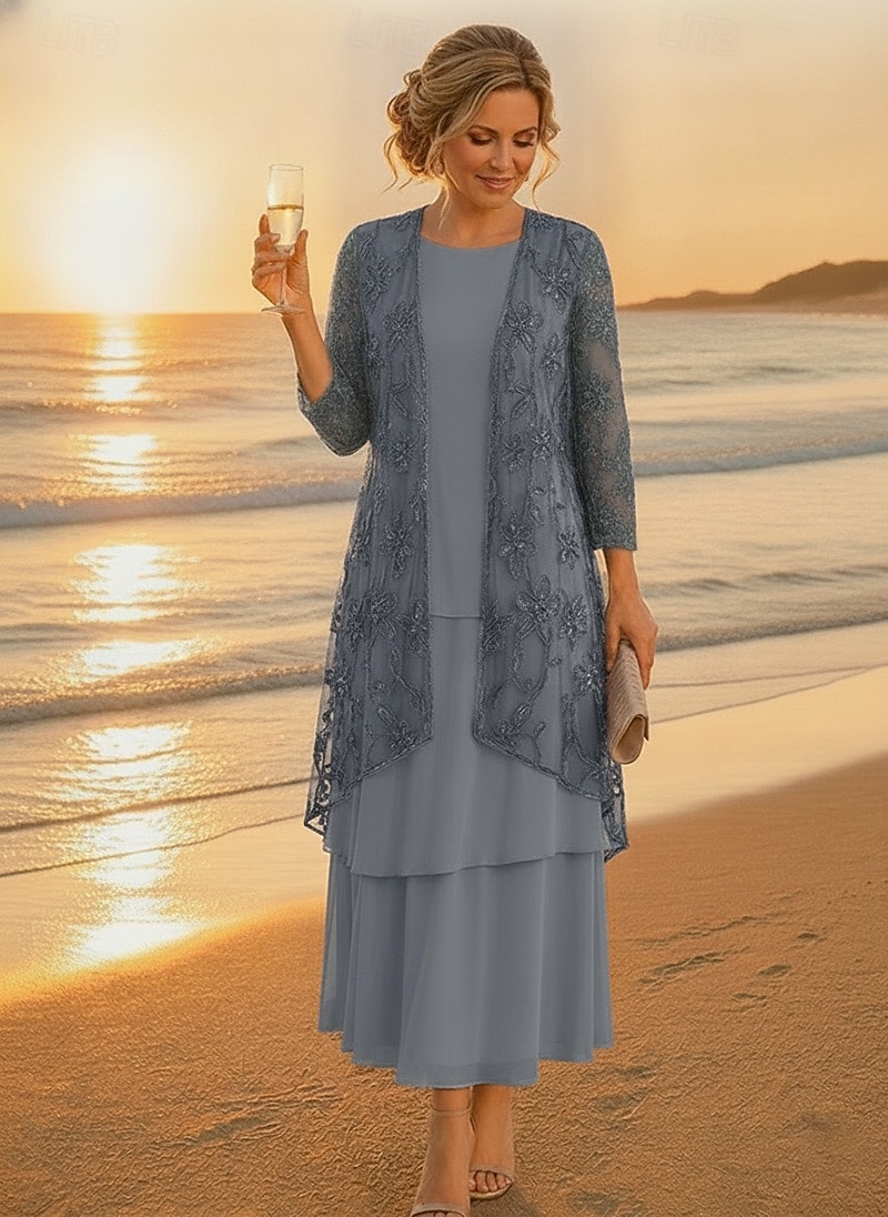 Due Pezzi Linea ad A Lunghezza alla caviglia Abito da cerimonia per signora Manica 3/4 Mezza Manica Scollo Tondo Elegante Semplice Lussuoso Formale Ospite di nozze Chiffon Pizzo Abiti con Giacca con del 2026 a $171.99 –P4