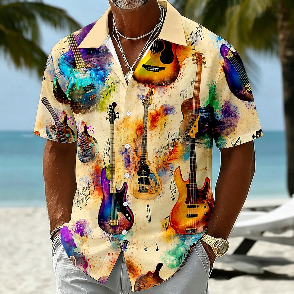 Men's Guitar Musical Instrument Shirt Summer Shirt Button Up Shirt Short Sleeve Vintage Retro Outdoor Beach Vacation Wear Summer Spring Turndown 3D Print Button Up Shirts Blue Yellow Purple Green 2026 - $25.99 –P1