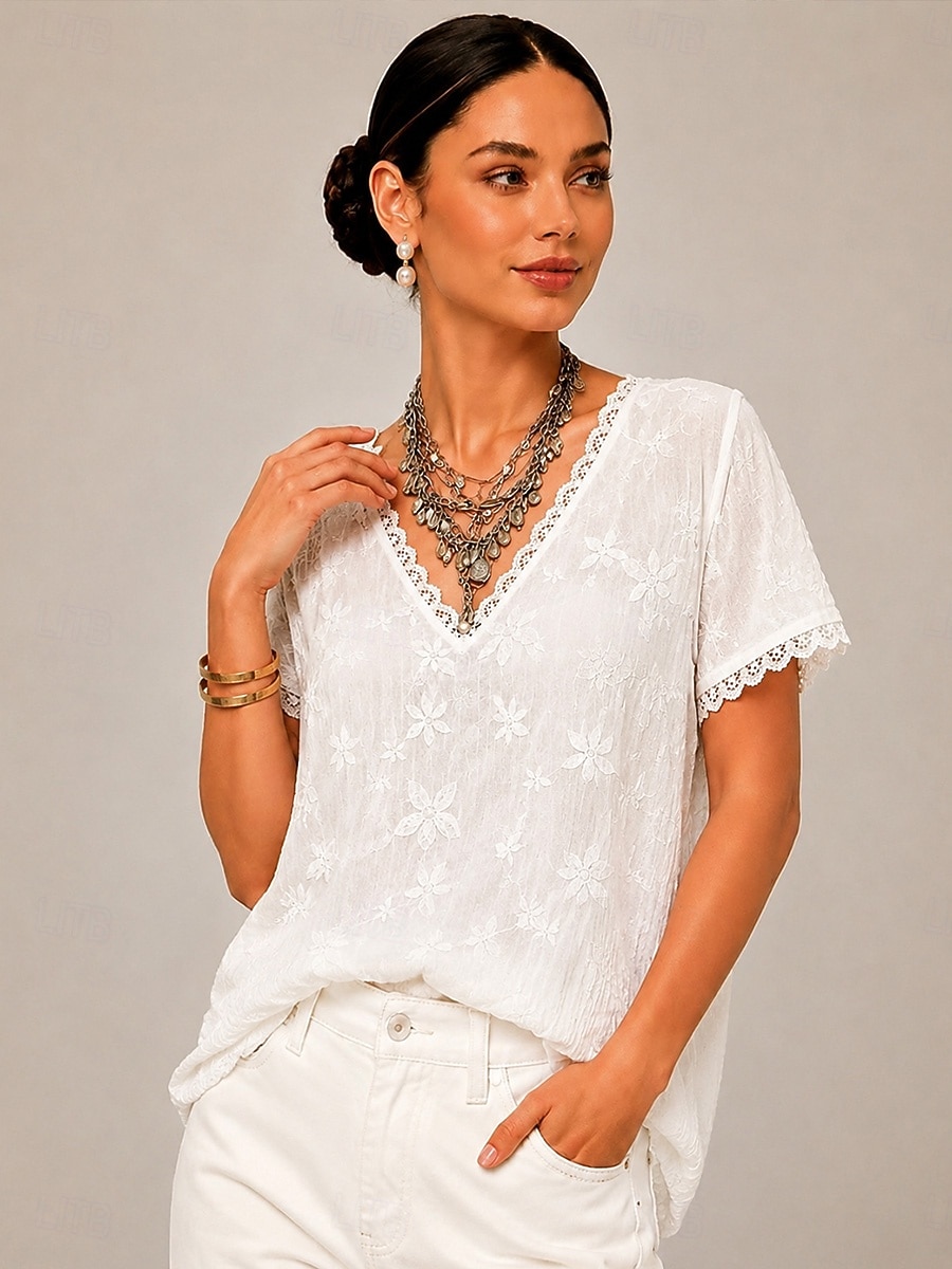 Damen Hemd Einfarbig Ombre Blumen Elegant Bohemien Urlaub Kurzarm V Ausschnitt Lange Oberteile Lässig Weiß Sommer Frühling 2026 - $33.99 –P2