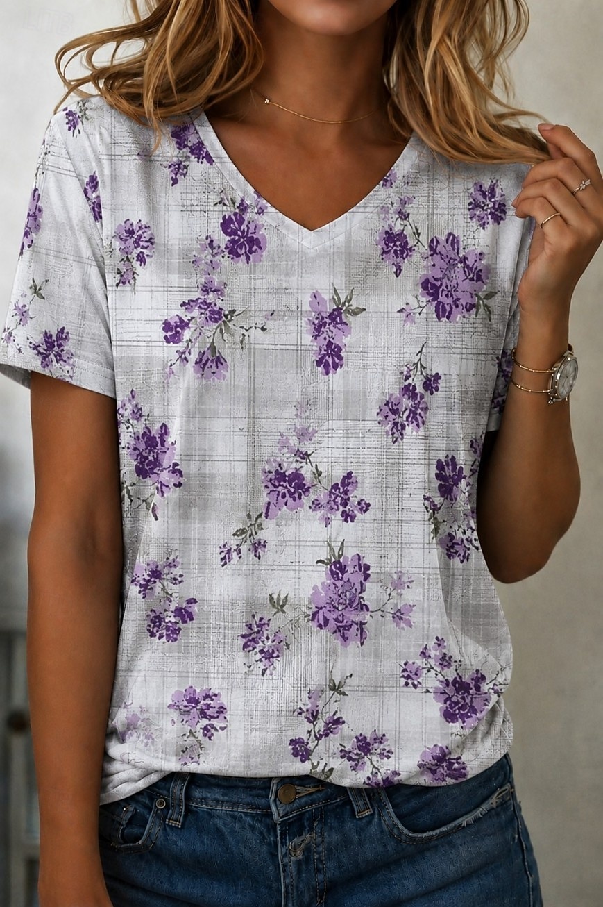Per donna Maglietta Stampato Floreale Grafico Piante Vintage Elegante Classico Manica Corta Scollo a V Top Regolari Casuale Quotidiano Viola chiaro Viola Viola Estate Primavera Autunno Inverno del 2026 a $21.99 –P2