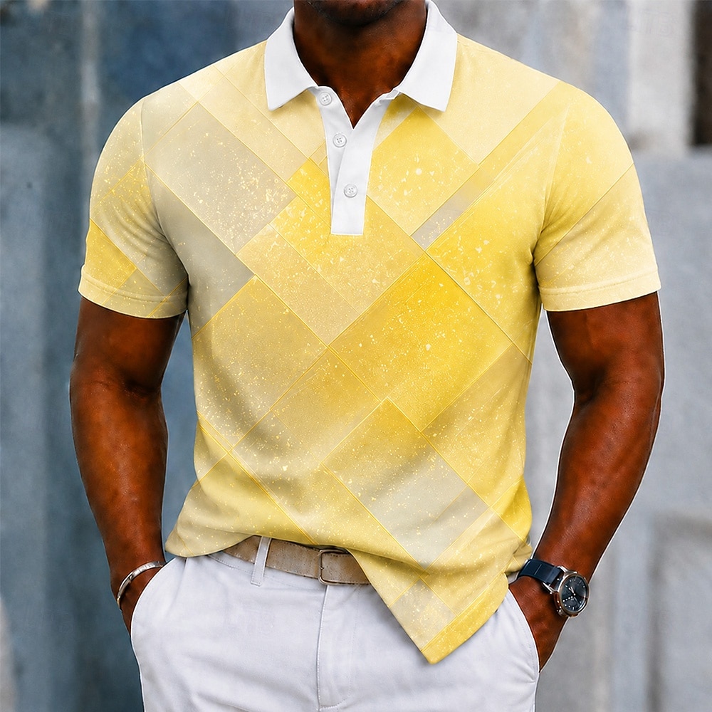 Men's Color Block Geometic Polo Shirts Short Sleeve Polo Shirts Collared Shirts Casual Athleisure 3D Print Buttons Spring & Summer Yellow Green Rainbow 2026 - $24.99 –P2
