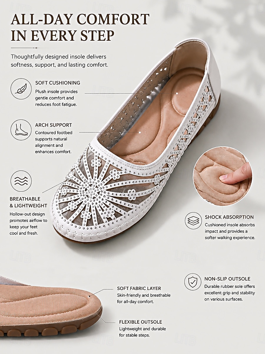 Women's White Breathable Slip-On Shoes – Hollow Out Comfort Flats with Soft Cushioned Insole, Lightweight Flexible Sole and Non-Slip Design for Walking, Travel and Everyday Wear 2026 - $21.7 –P4