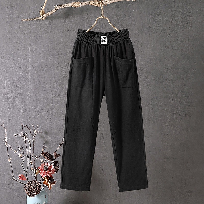 Dame Linbukser i bomull Bukser Sommerbukser Posete bukser Fast Klassisk Ankel-lengde Medium Midje Lomme Posete Elastisk snordesign Komfort Pusteevne Myk Mikroelastisk Avslappet Hverdag Svart Hvit Rød 2026 - $24.99 –P5