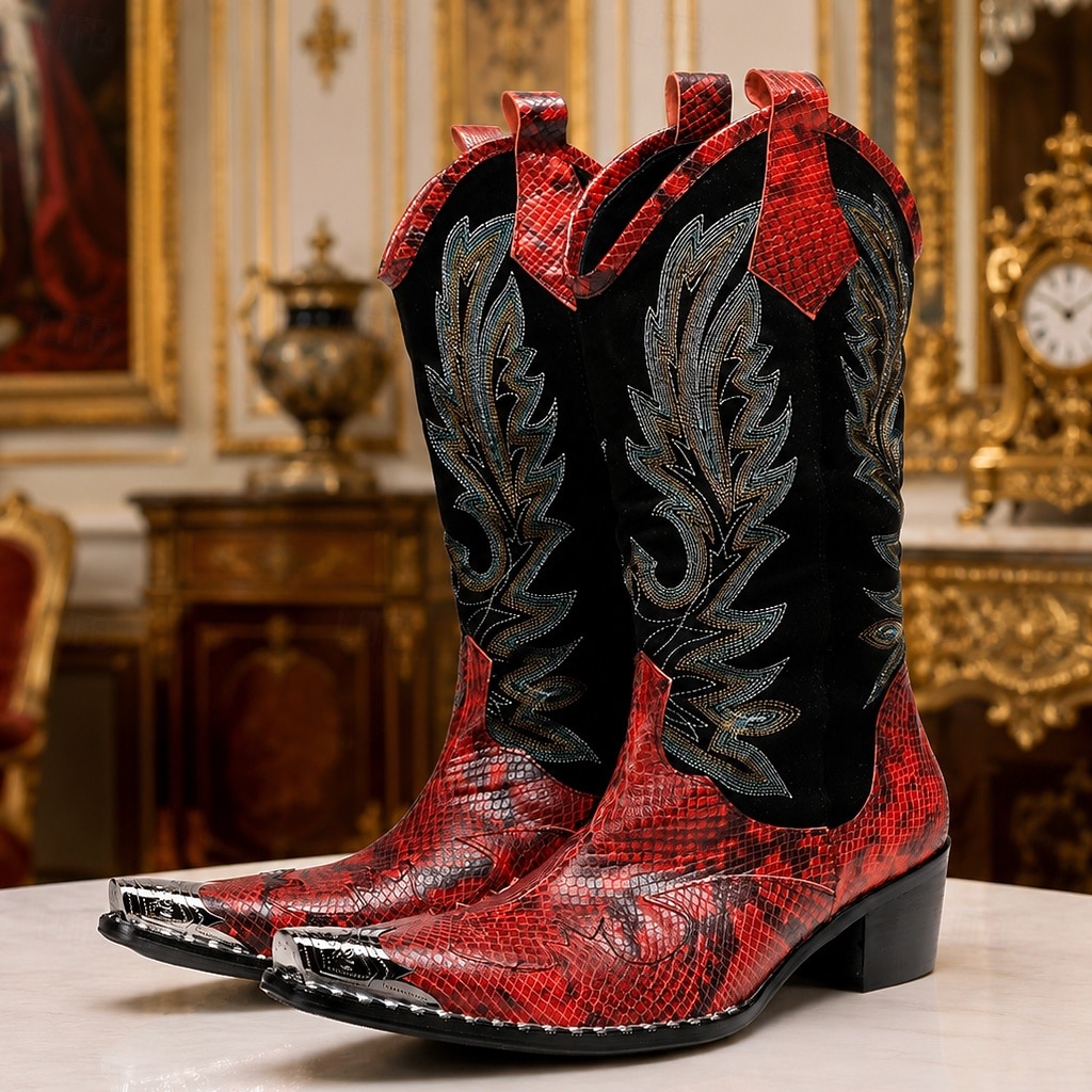 męskie czerwone haftowane kowbojskie buty – zabytkowe, westernowe buty do jazdy konnej, designerskie obuwie na rodeo, koncerty country, festiwale muzyczne i występy sceniczne 2026 - $159.99 –P1