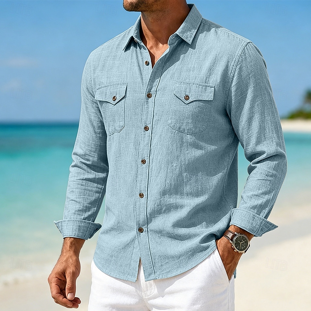 Hommes Chemise Chemise en lin Chemise d'été Tenue de plage Chemise Boutonnée Uni Occasionnel Quotidien Bleu Rose Claire bleu marine Bleu de minuit manche longue Col Printemps & Été Été Vêtement Tenue de 2026 ? $28.99 –P6