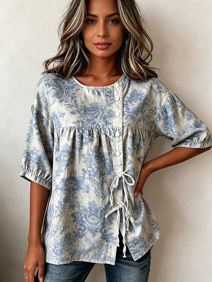 Femmes Chemisier Cordon de serrage Boutons Fleuri Graphique Élégant Vacances ancien Manche 3/4 Col ras du cou Hauts Réguliers Occasionnel Bleu Été Printemps de 2026 ? $32.99 –P1