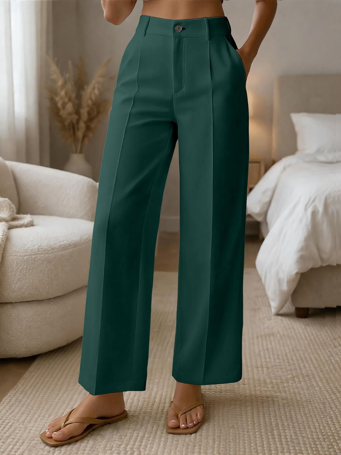 Mulheres Perna larga Calças Social Calça casual Moda Roupa de rua Básico Comprimento total Cintura Alta Tecido Bolsos Cintura elástica Confortável Sem Elasticidade Diário Escritório Férias Verde de 2026 por $10.99 –P15